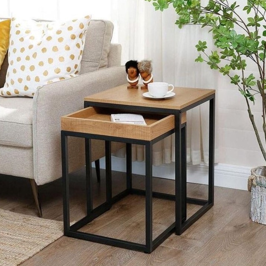 Compact Side Table – Wooden & Black, 40x40cm