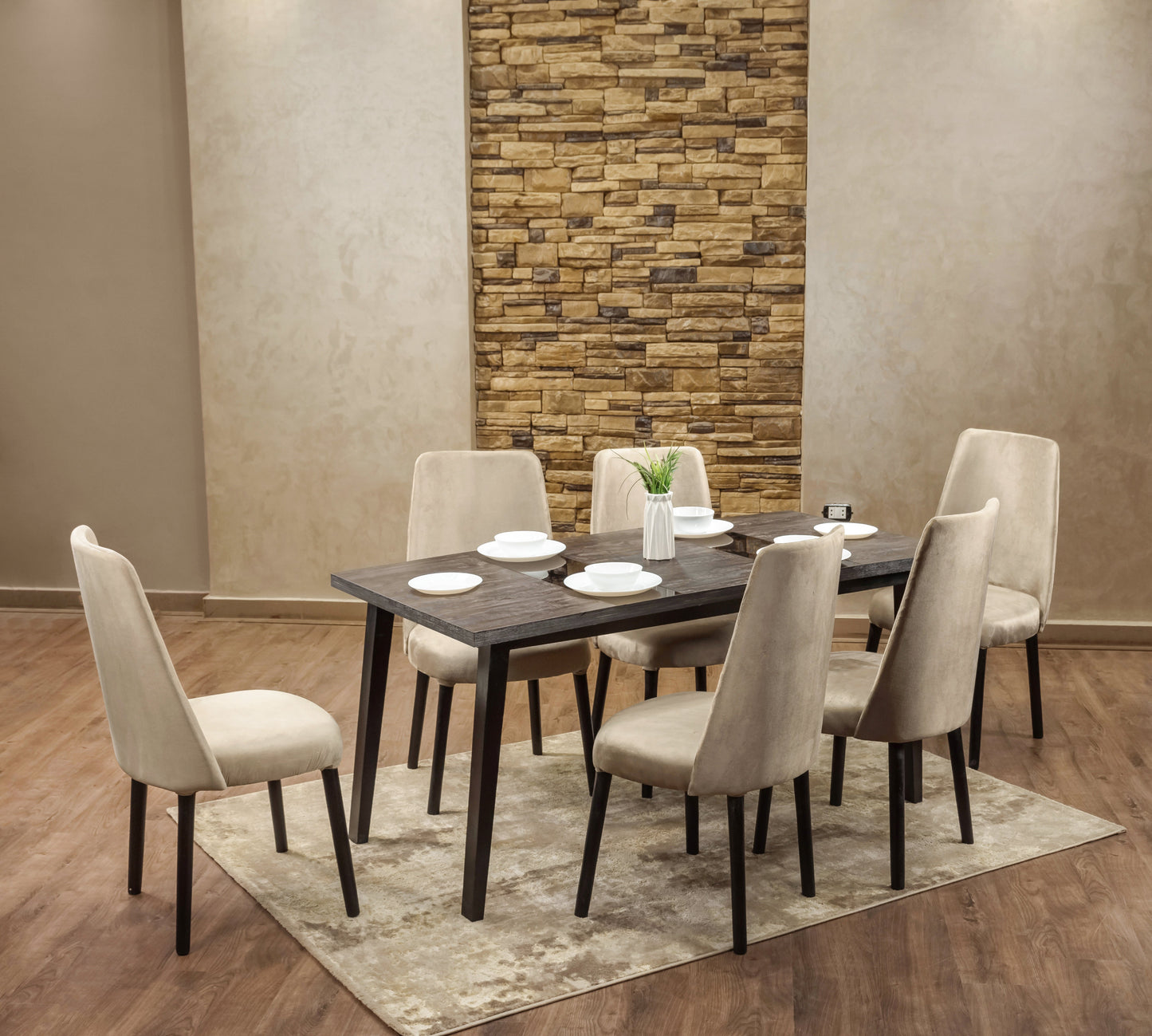 6-Seater Dining Table – Velvet Chairs, 160x80cm