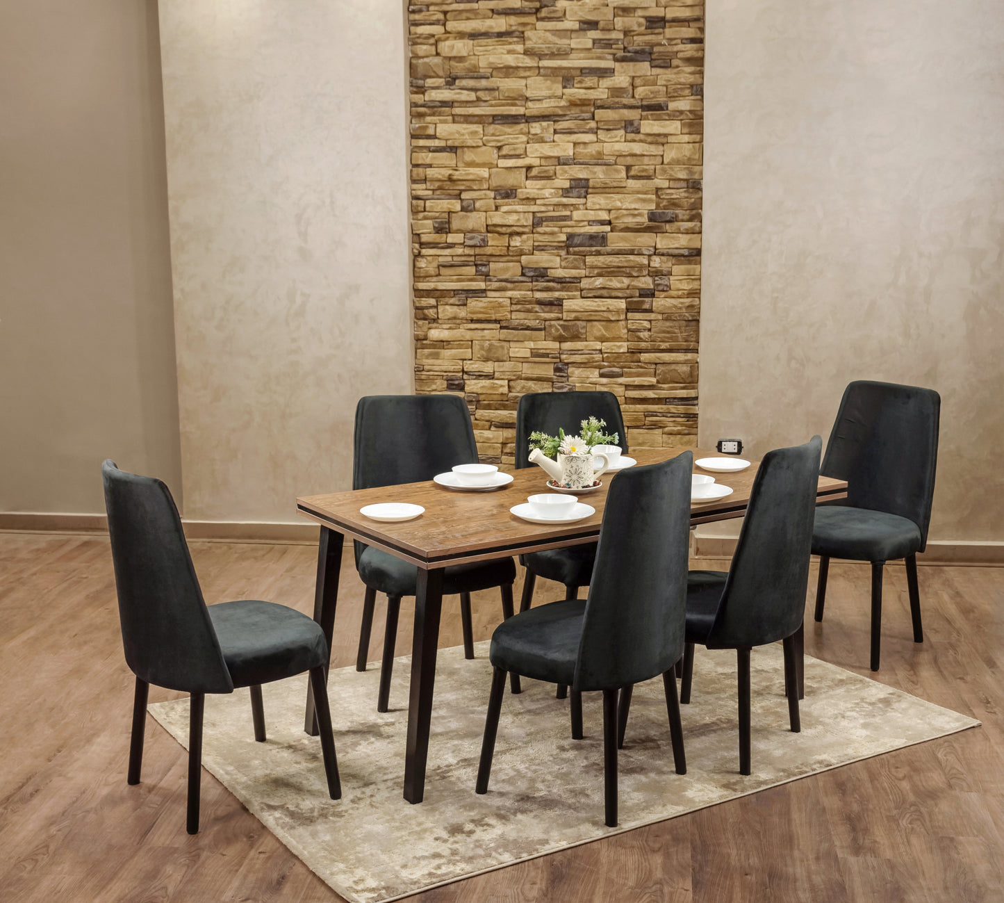 6-Seater Dining Table – Velvet Chairs, 160x80cm