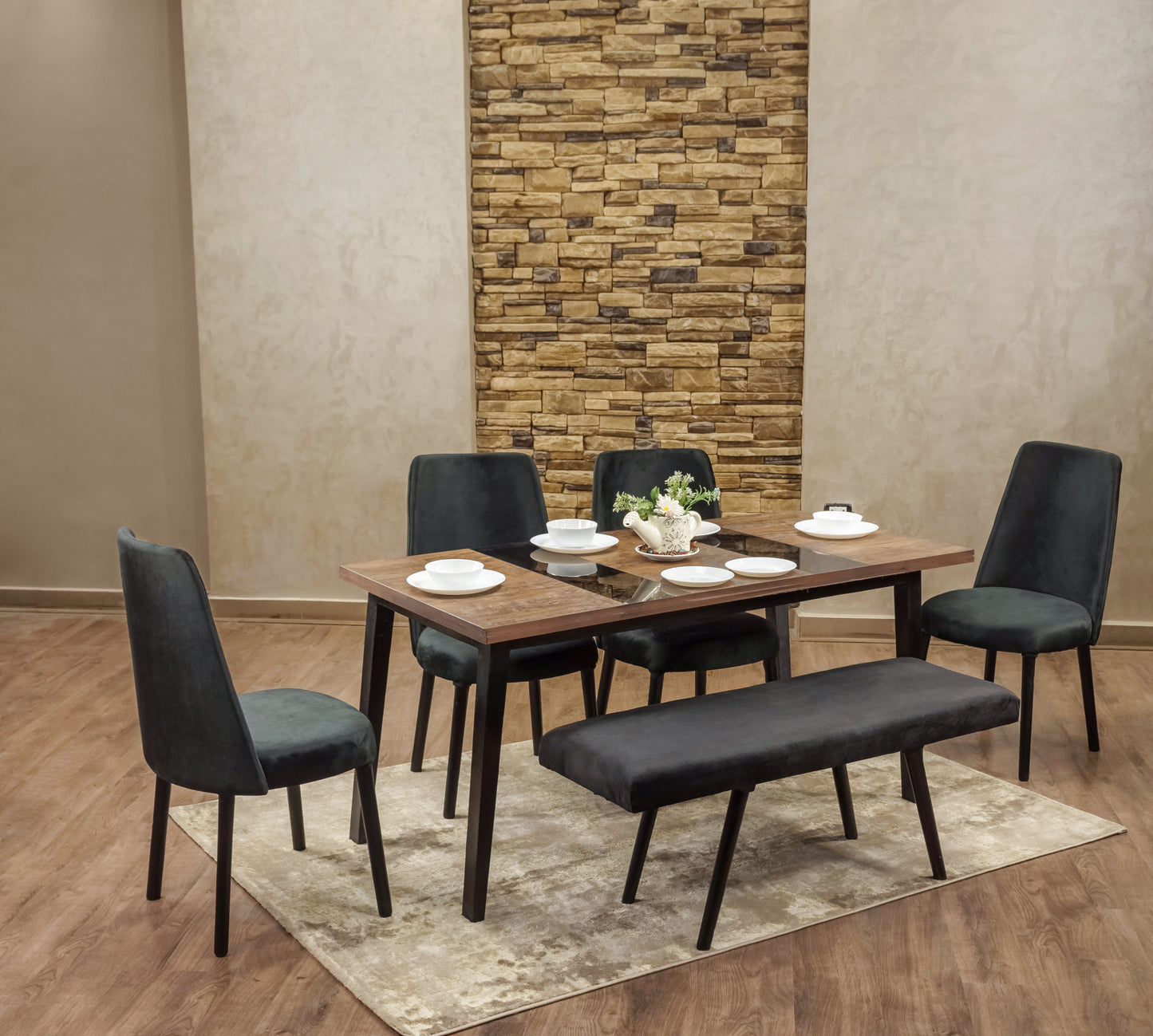 4-Seater Dining Table – Velvet Chairs, 160x80cm