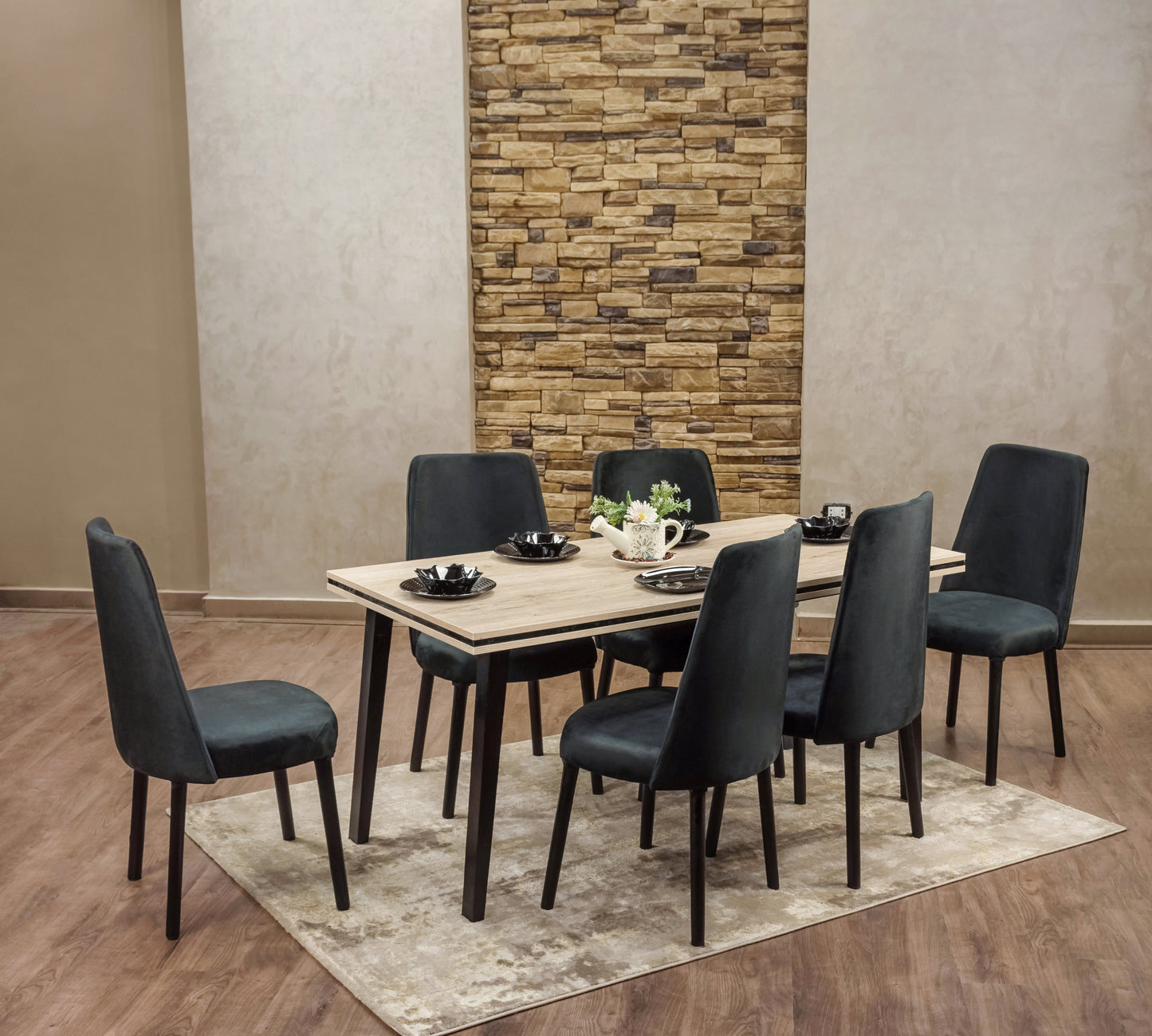 6-Seater Dining Table – Velvet Chairs, 160x80cm