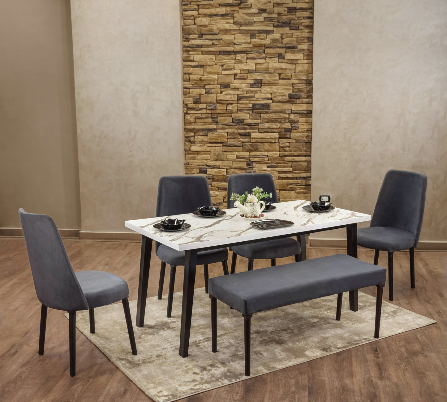 4-Seater Dining Table – Velvet Chairs, 160x80cm