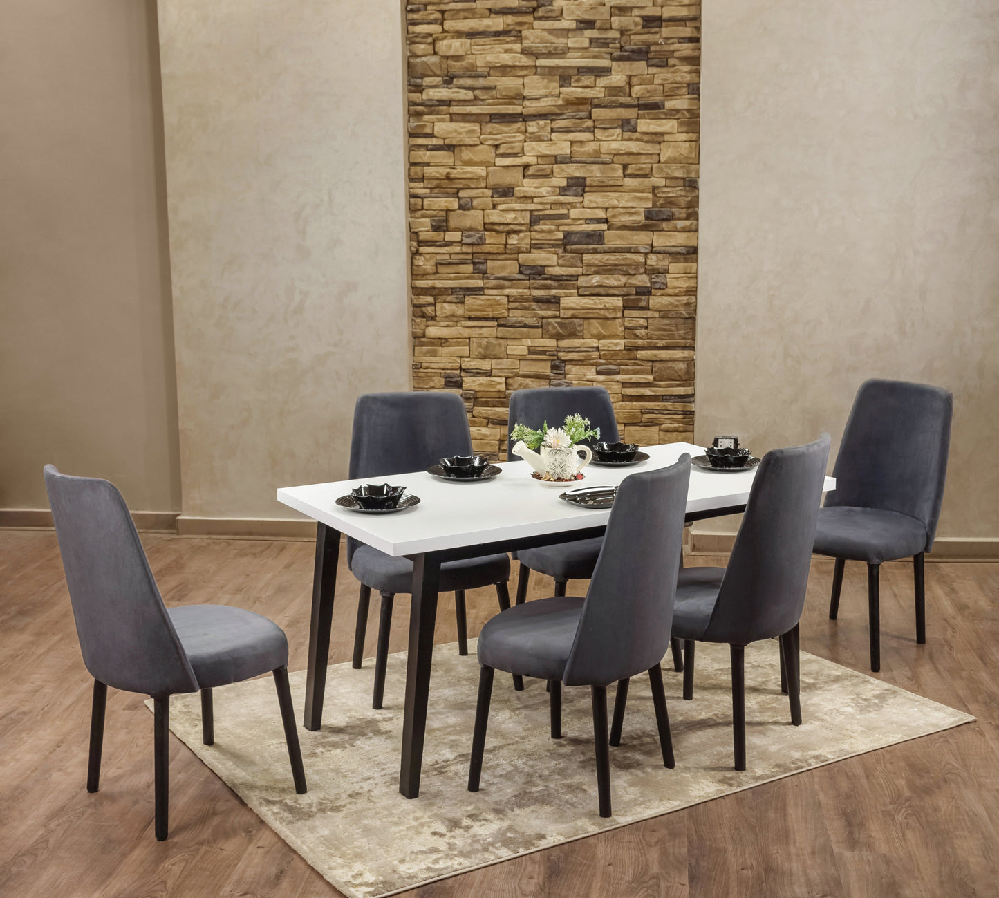 6-Seater Dining Table – Velvet Chairs, 160x80cm