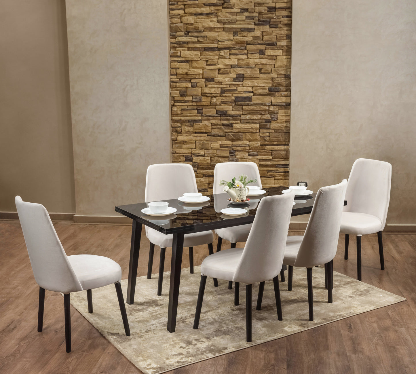 6-Seater Dining Table – Velvet Chairs, 160x80cm