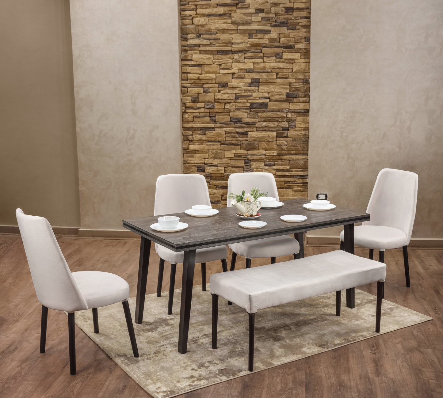 4-Seater Dining Table – Velvet Chairs, 160x80cm