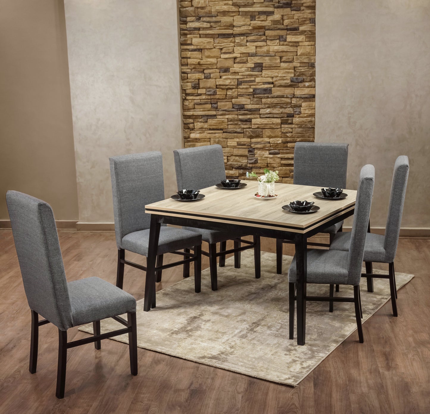 6-Seater Dining Table – Linen Chairs, 120x120cm