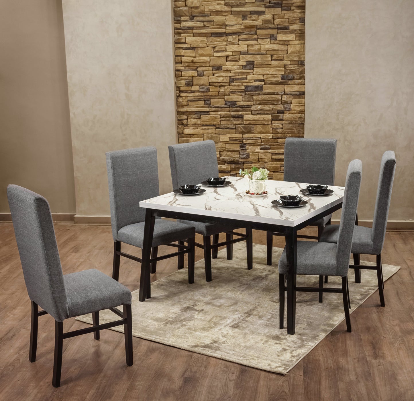 6-Seater Dining Table – Linen Chairs, 120x120cm