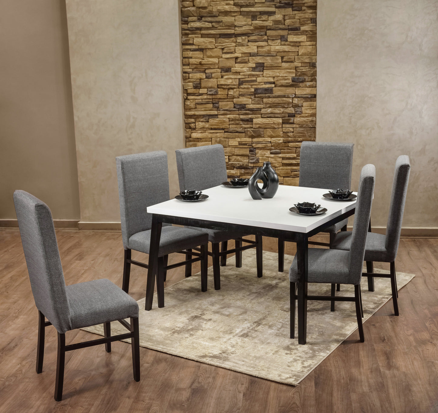 6-Seater Dining Table – Linen Chairs, 120x120cm