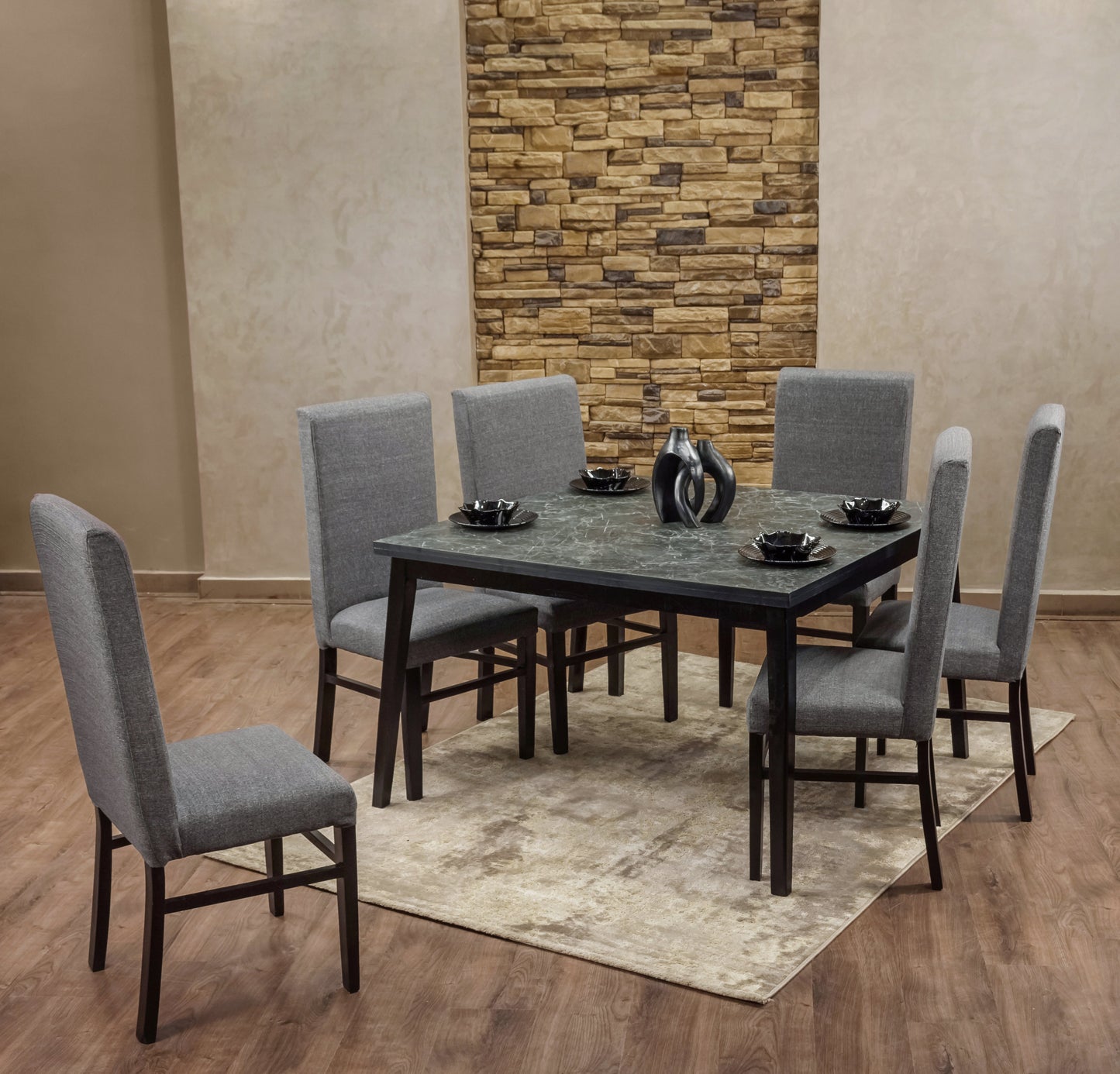6-Seater Dining Table – Linen Chairs, 120x120cm