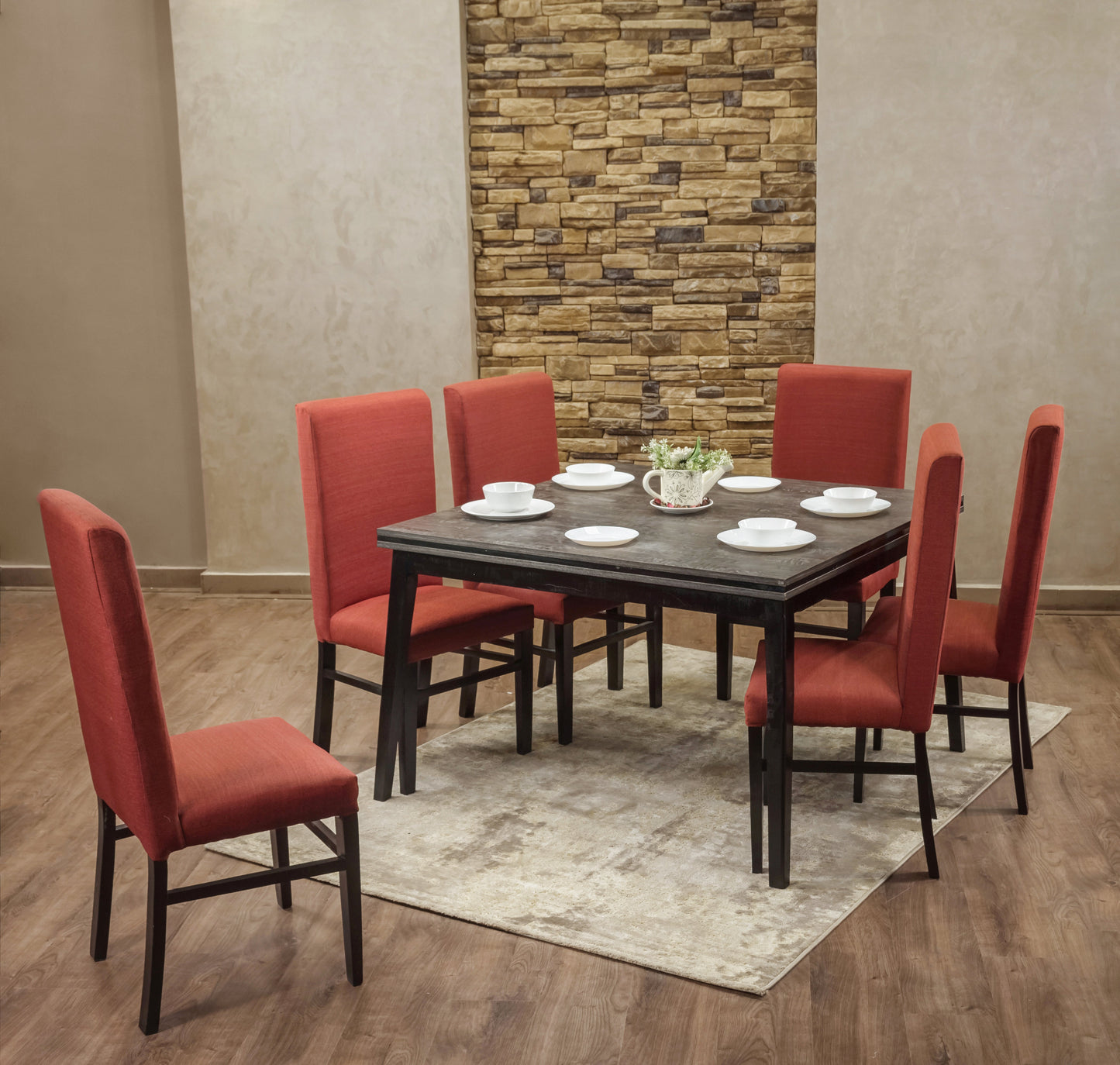 6-Seater Dining Table – Linen Chairs, 120x120cm