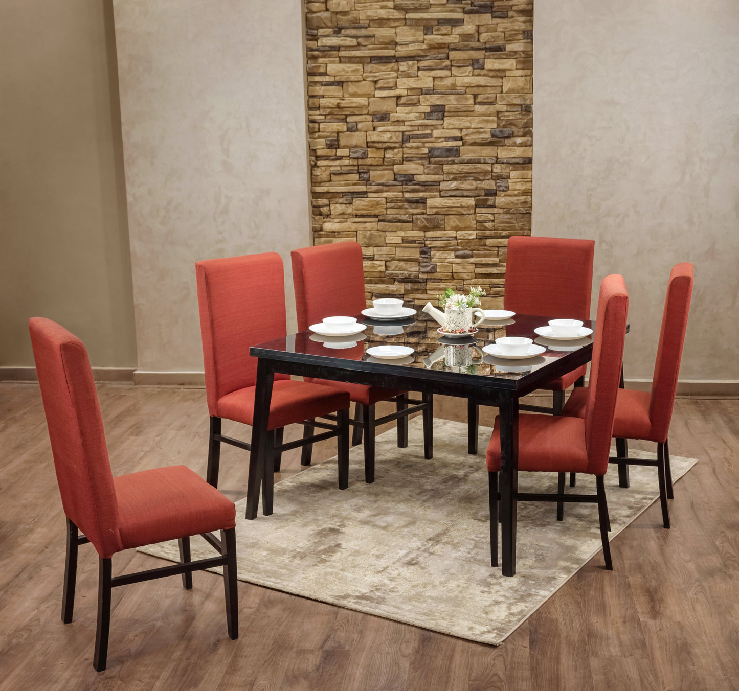 6-Seater Dining Table – Linen Chairs, 120x120cm