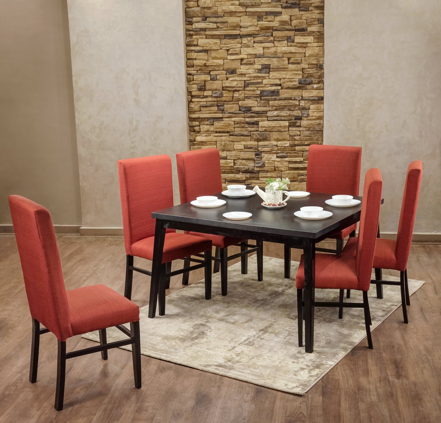 6-Seater Dining Table – Linen Chairs, 120x120cm