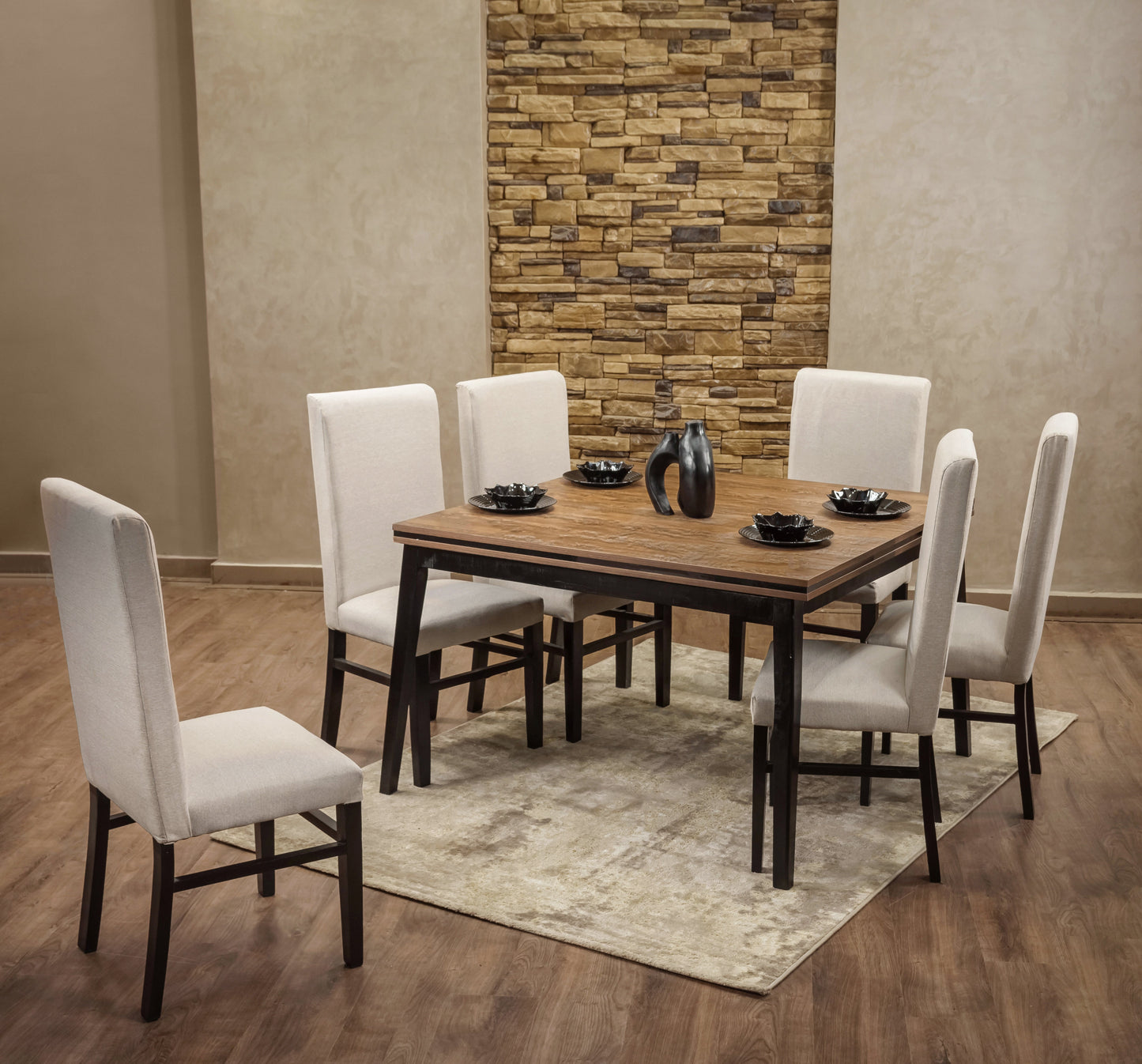 6-Seater Dining Table – Linen Chairs, 120x120cm