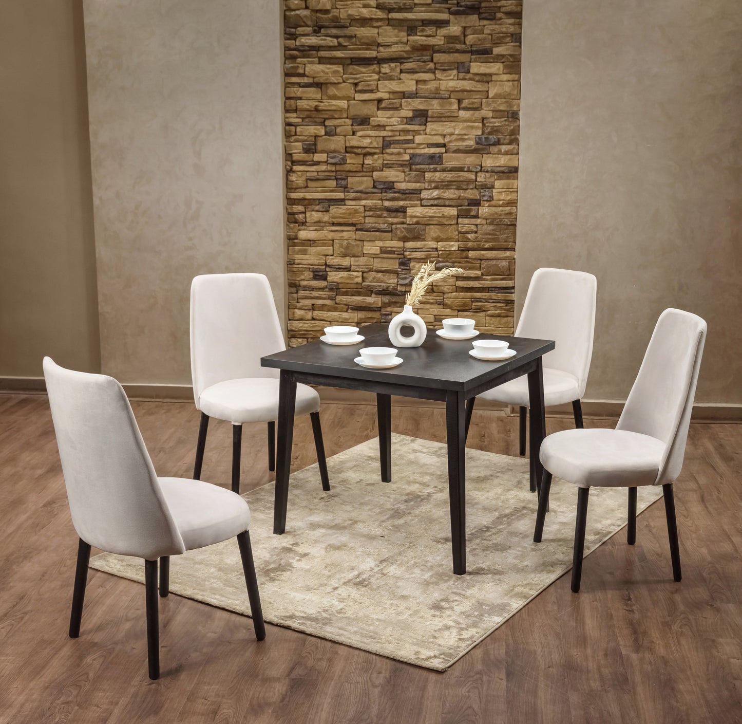 4-Seater Dining Table – Linen Chairs, 100x100cm