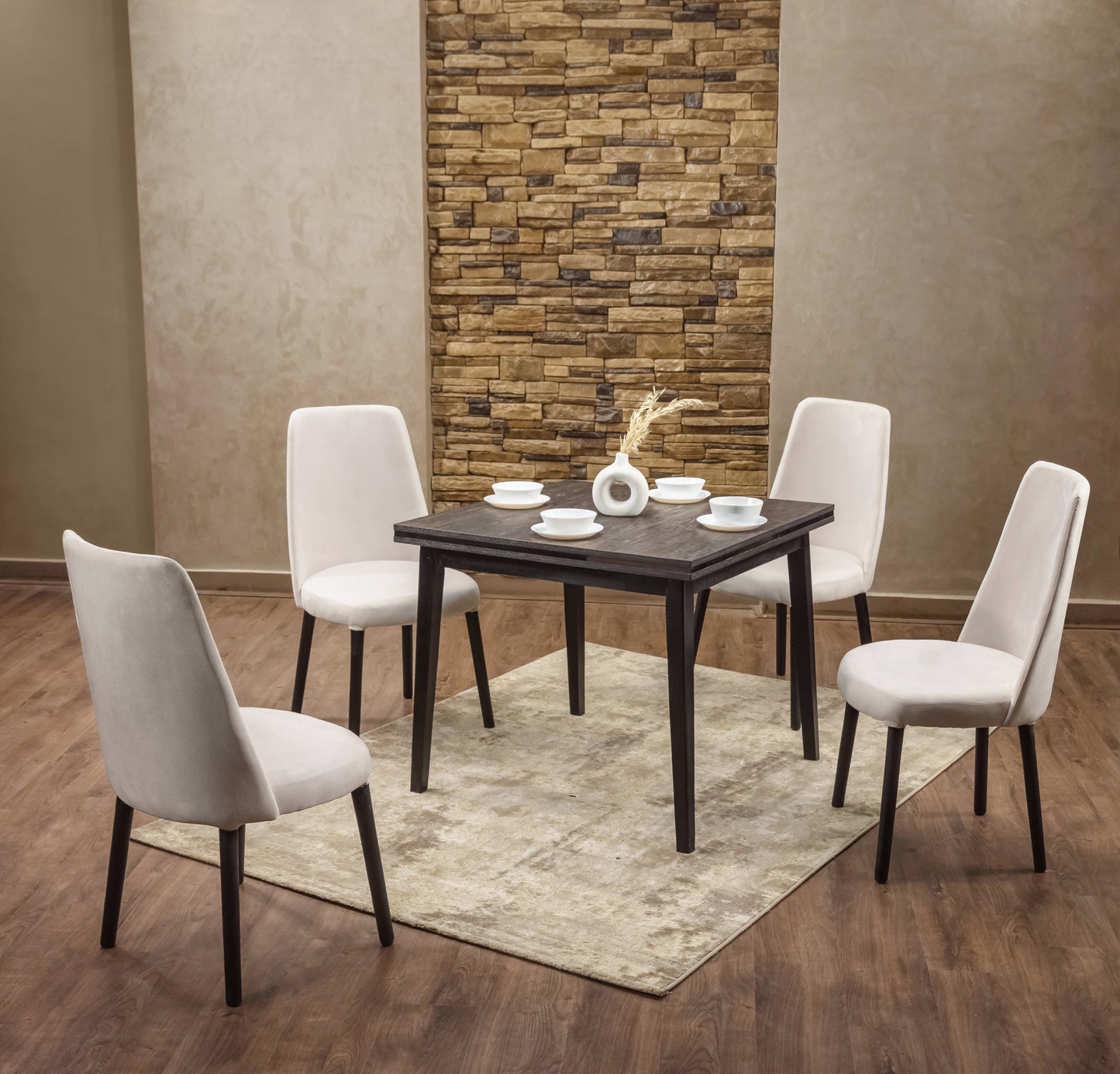 4-Seater Dining Table – Linen Chairs, 100x100cm