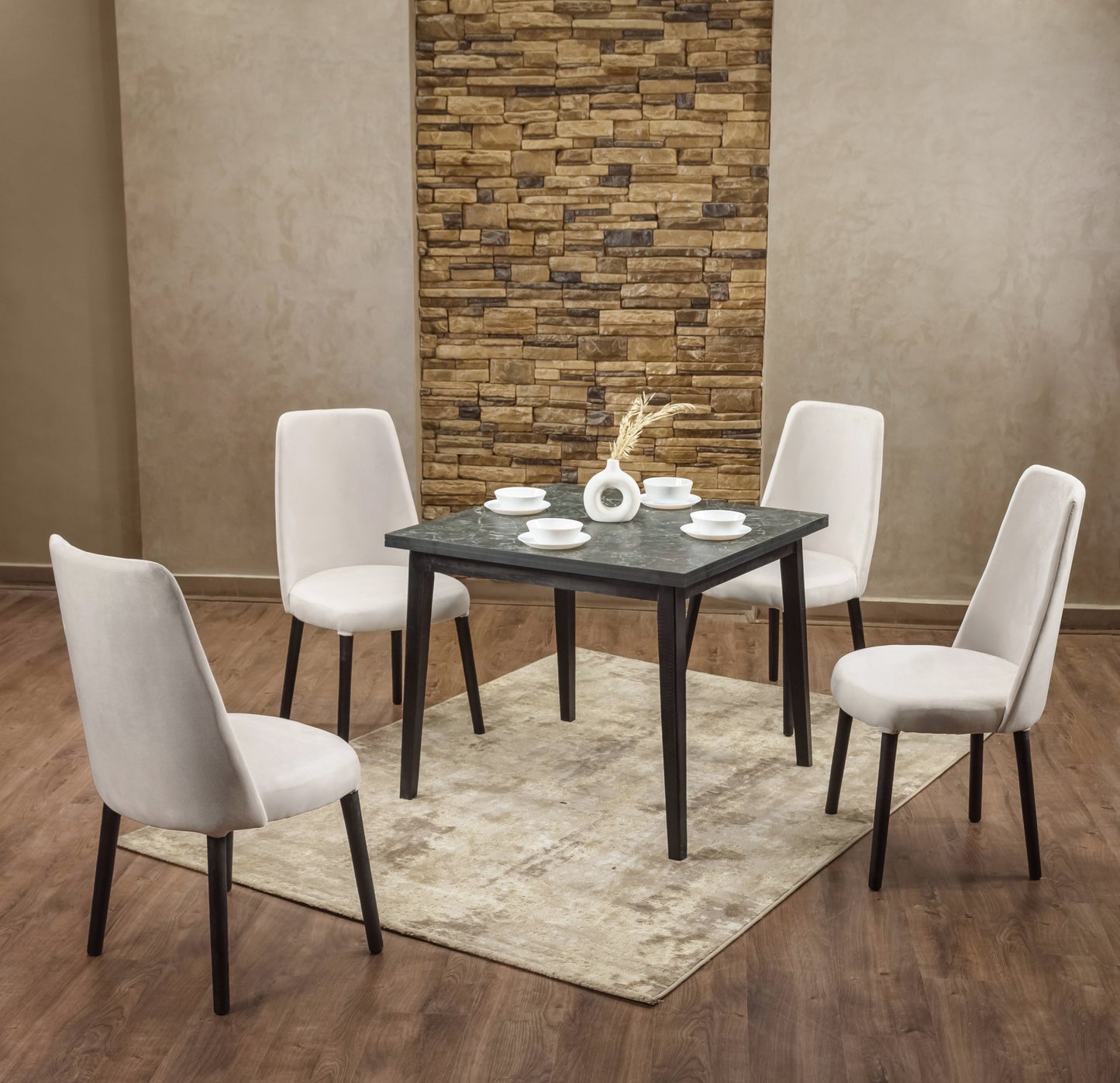 4-Seater Dining Table – Linen Chairs, 100x100cm