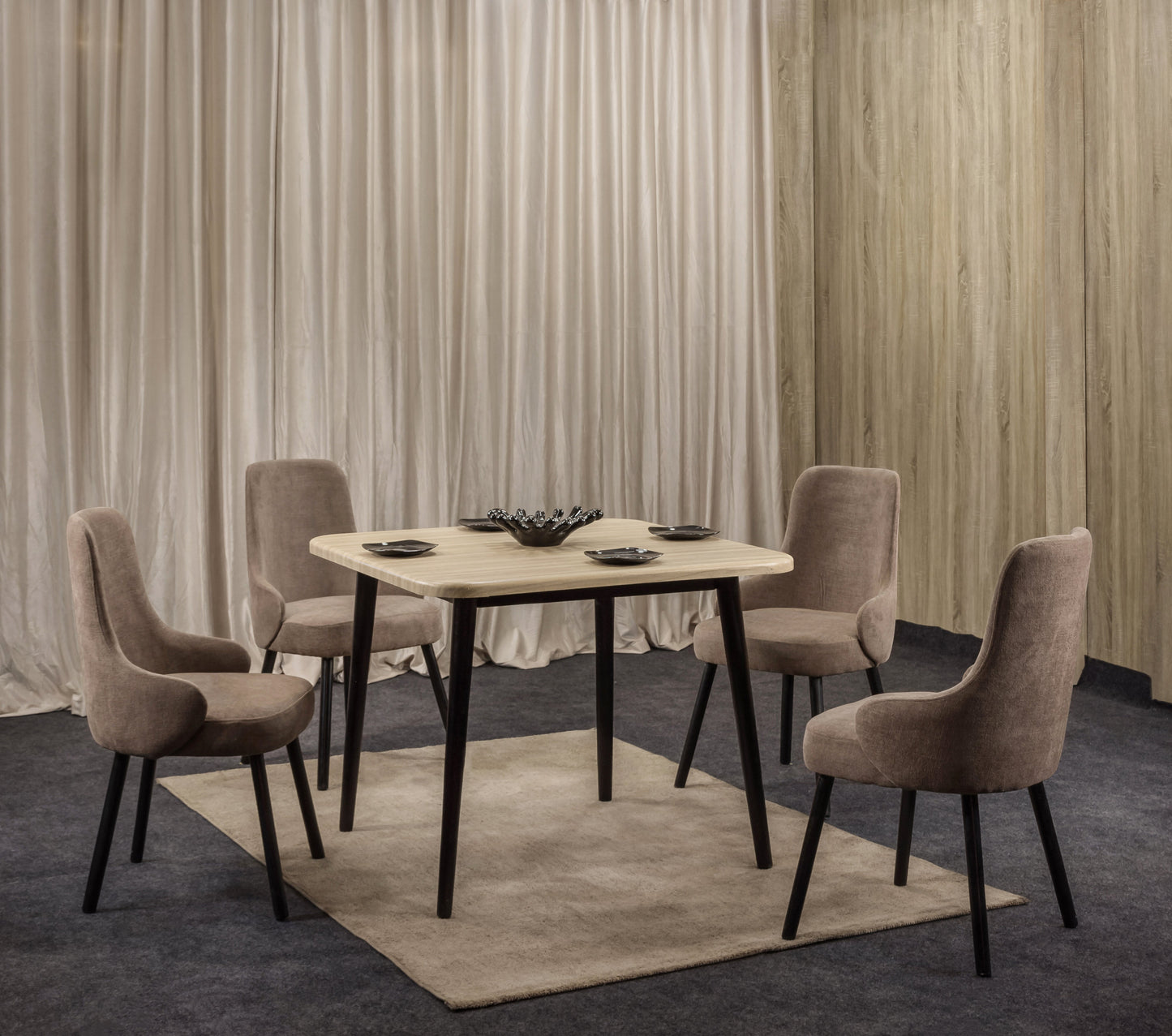 4-Seater Dining Table – Linen Chairs, 100x100cm