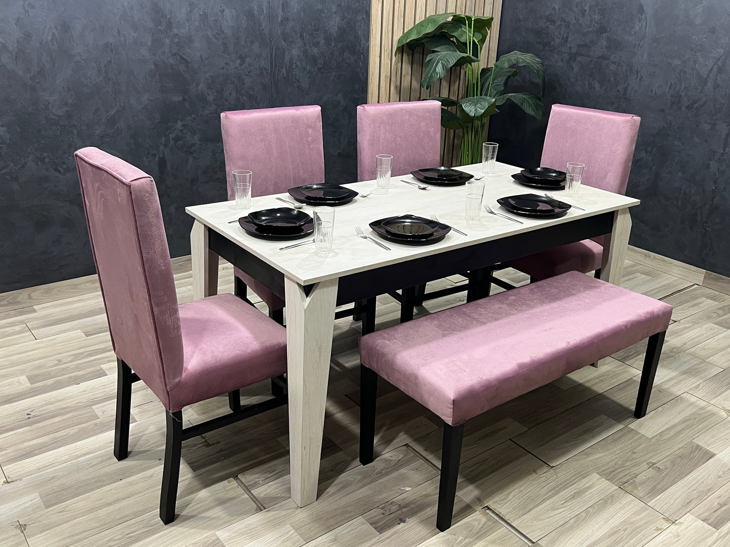 4-Seater Dining Table – Velvet Chairs, 160x80cm