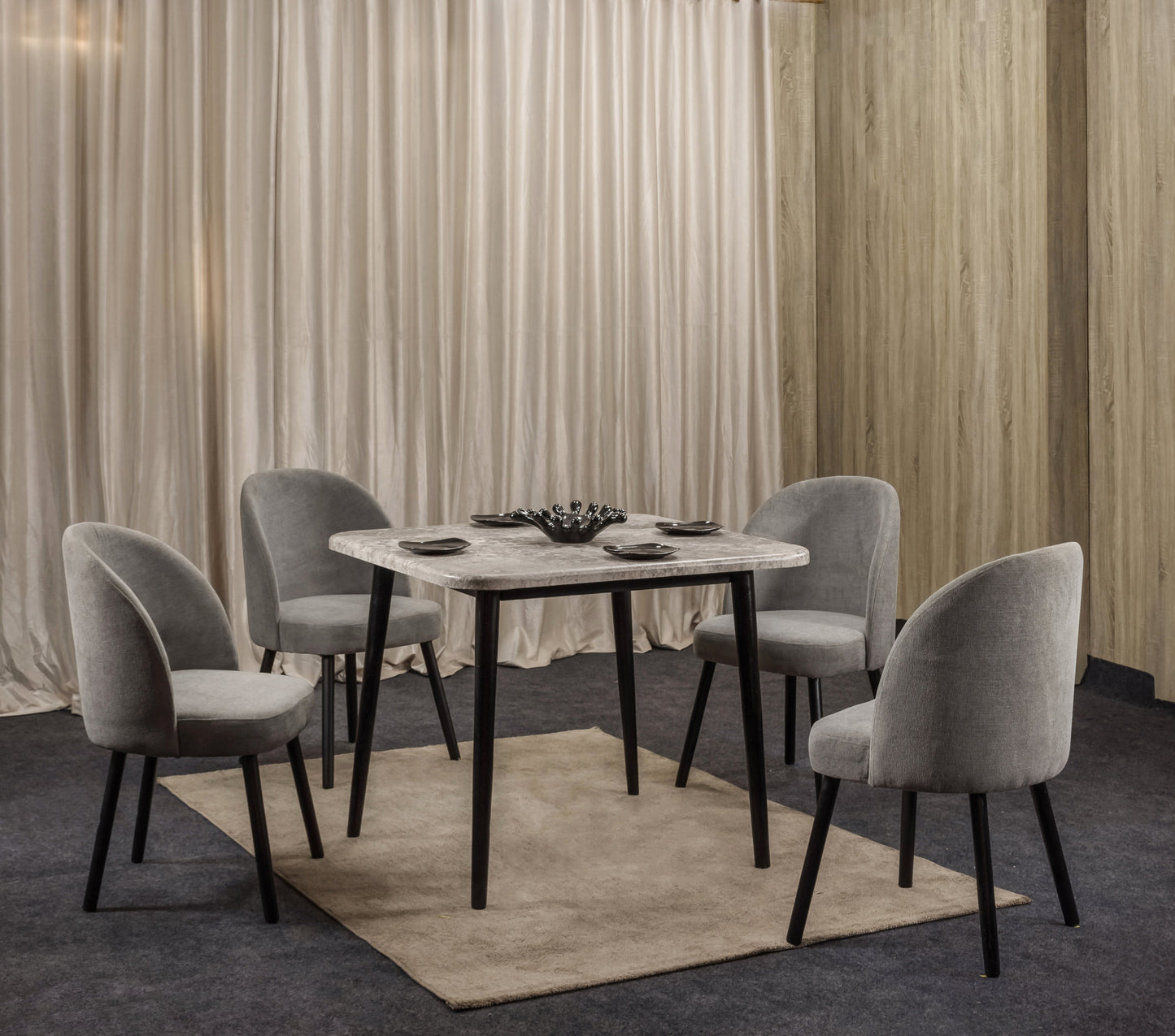 4-Seater Dining Table – Linen Chairs, 100x100cm