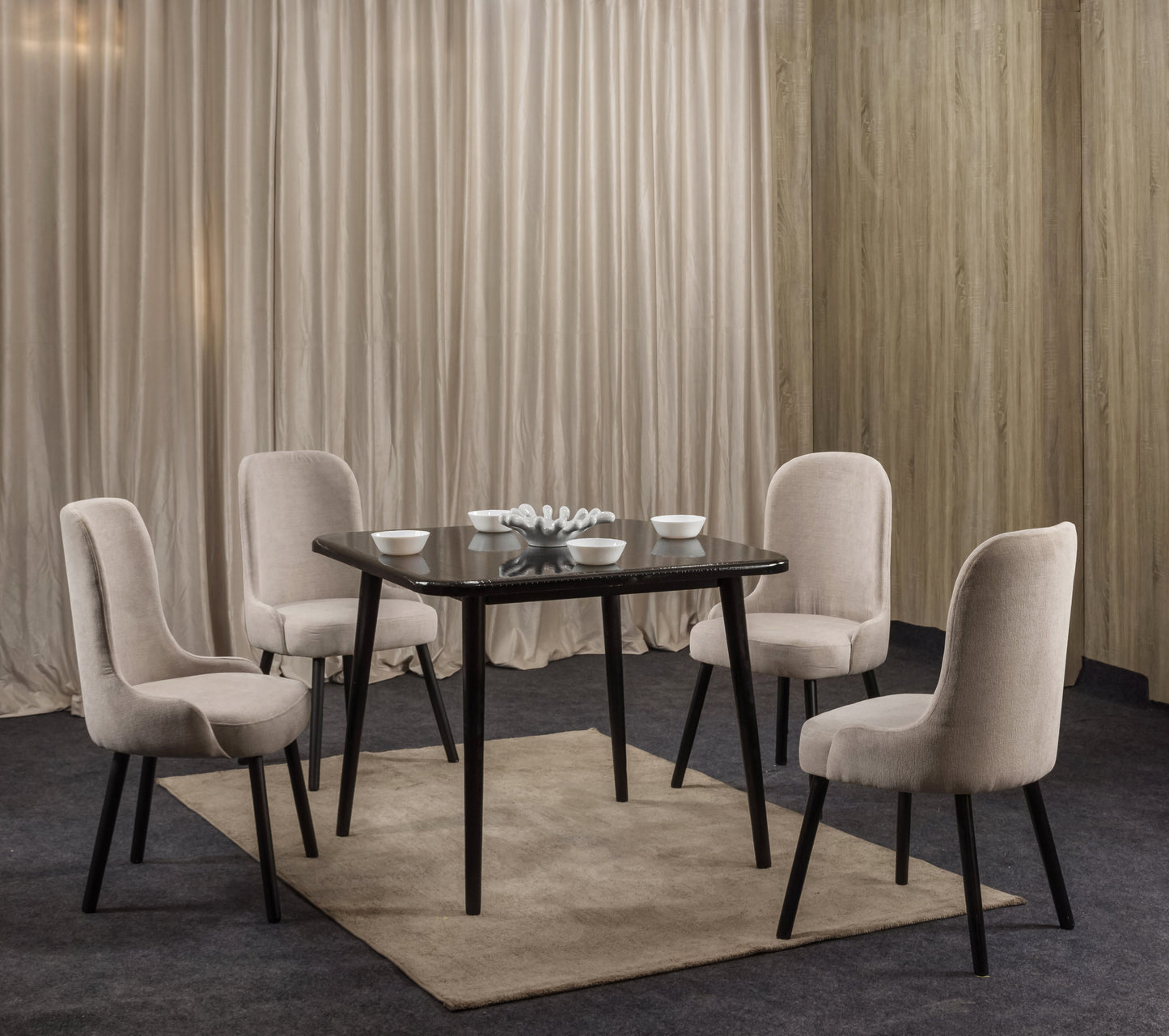 4-Seater Dining Table – Linen Chairs, 100x100cm