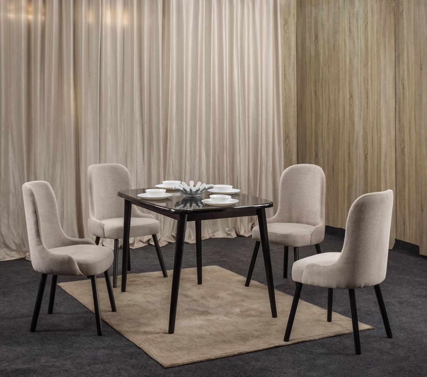 4-Seater Dining Table – Linen Chairs, 90x90cm