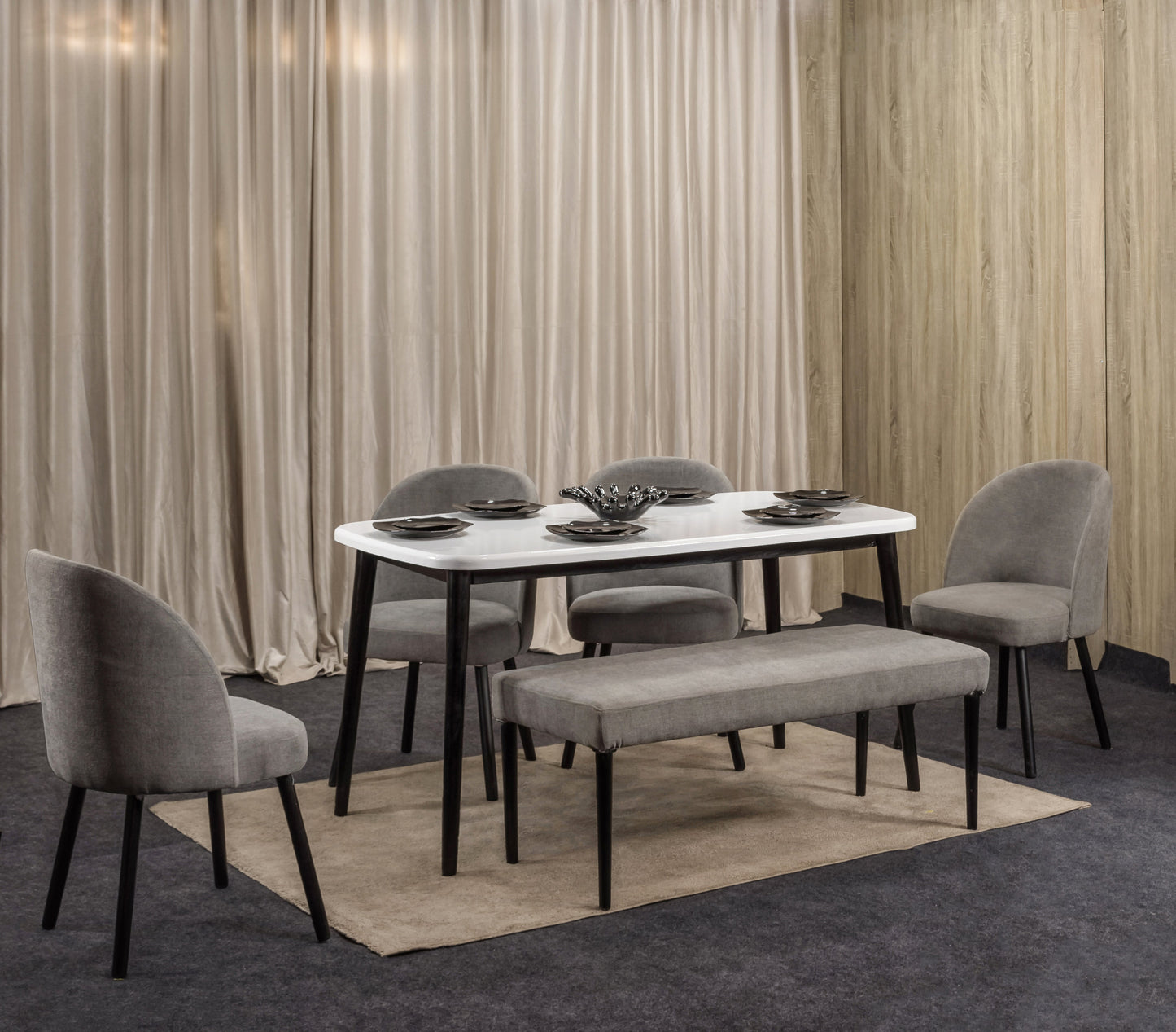 4-Seater Dining Table – Linen Chairs, 160x80cm