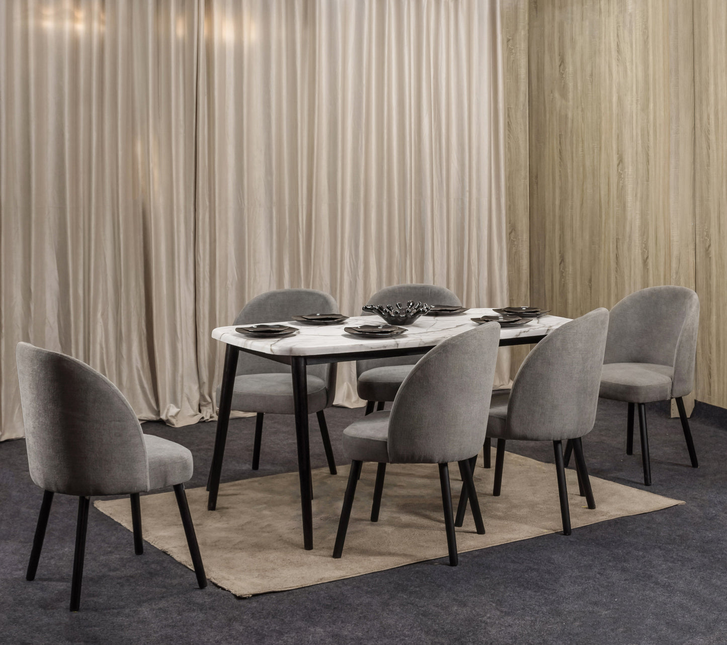 6-Seater Dining Table – Linen Chairs, 160x80cm