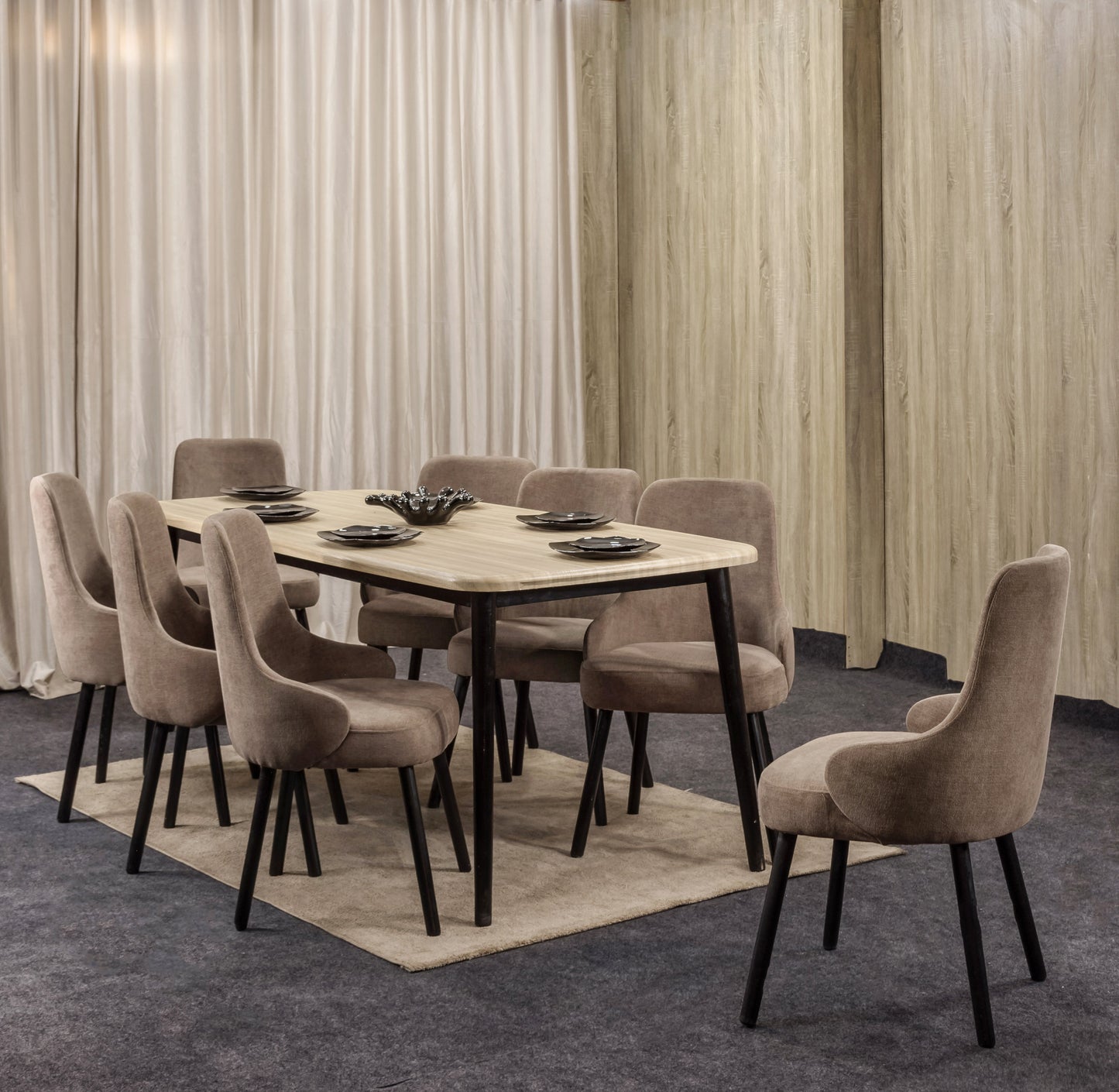 8-Seater Dining Table – Linen Chairs, 200x90cm