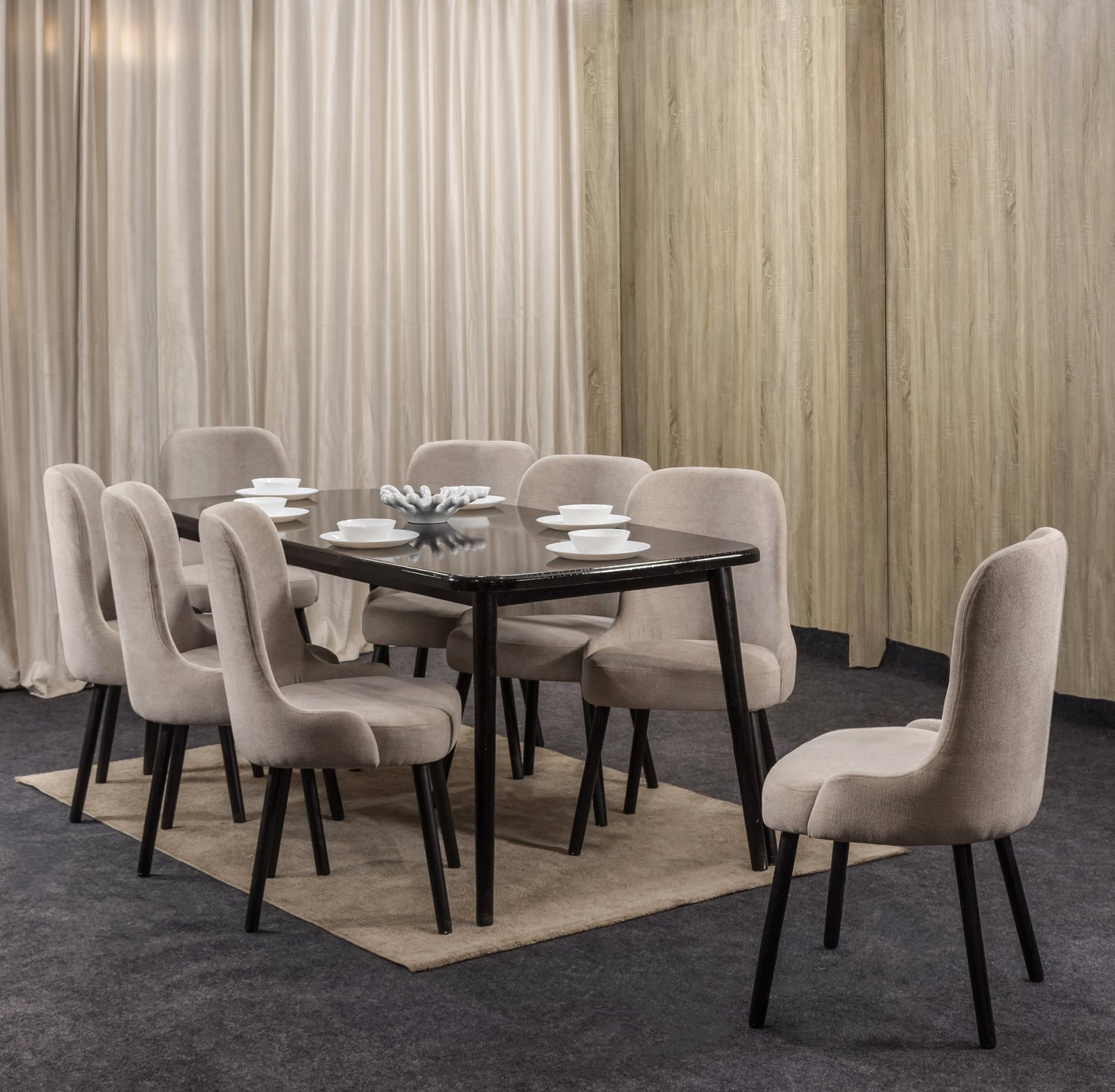8-Seater Dining Table – Linen Chairs, 200x90cm