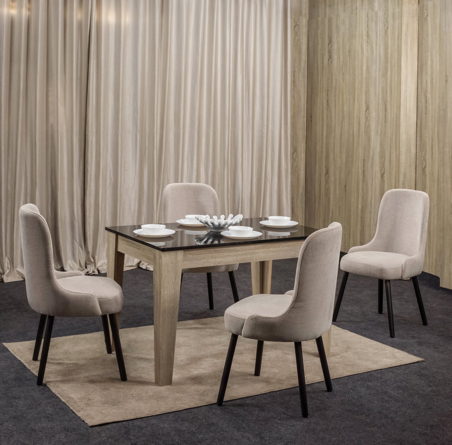 4-Seater Dining Table – Linen Chairs, 120x80cm