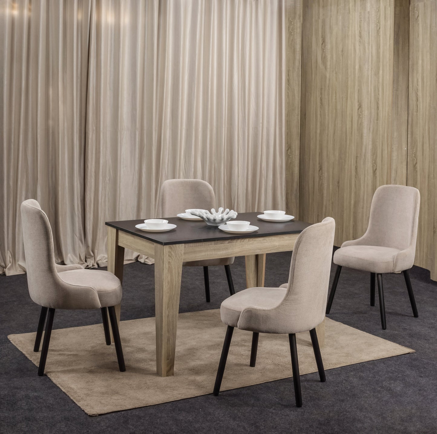 4-Seater Dining Table – Linen Chairs, 120x80cm