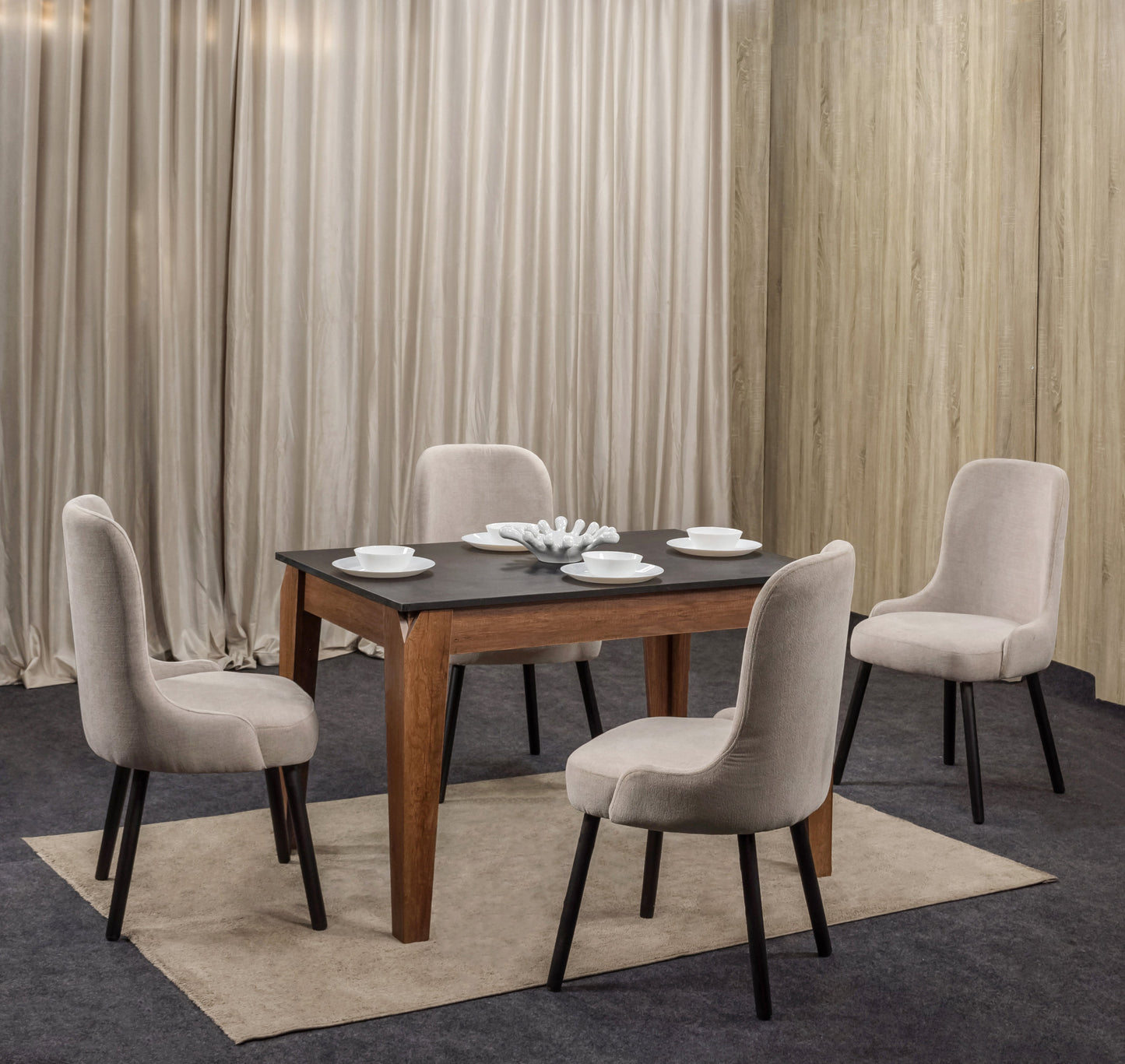 4-Seater Dining Table – Linen Chairs, 120x80cm