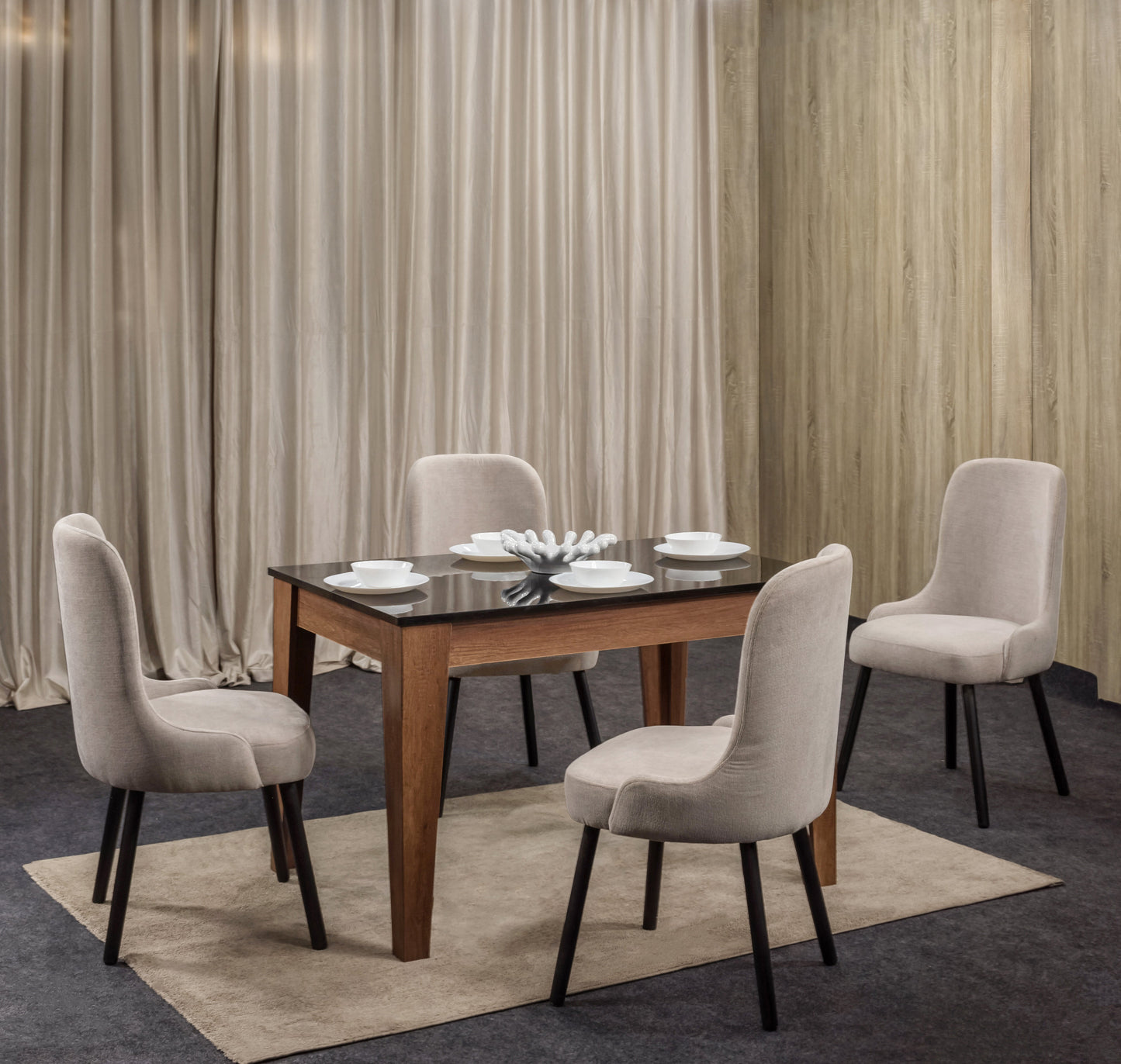 4-Seater Dining Table – Linen Chairs, 120x80cm