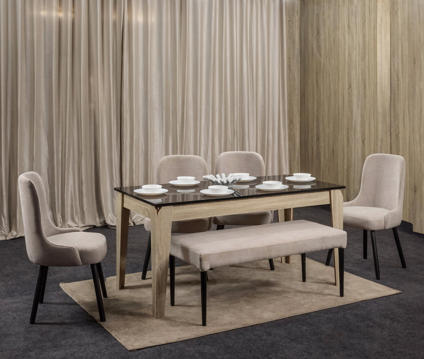 4-Seater Dining Table – Linen Chairs, 160x80cm