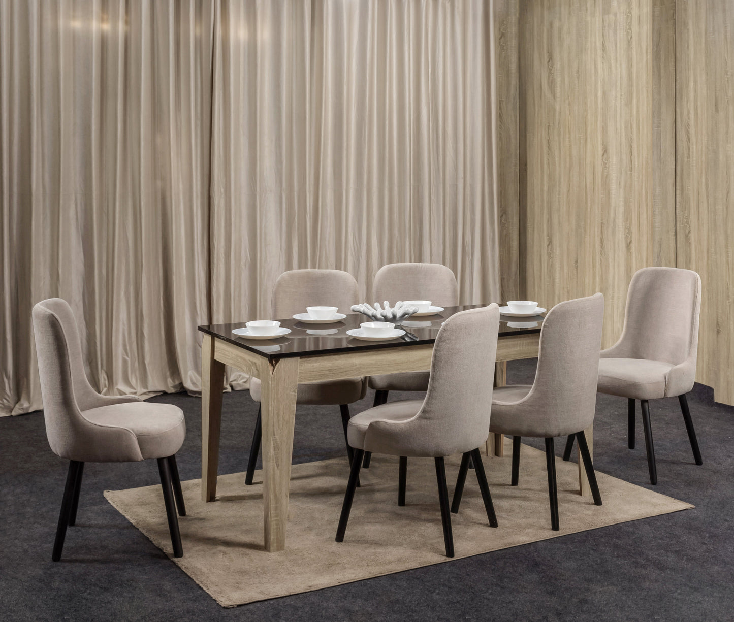 6-Seater Dining Table – Linen Chairs, 160x80cm