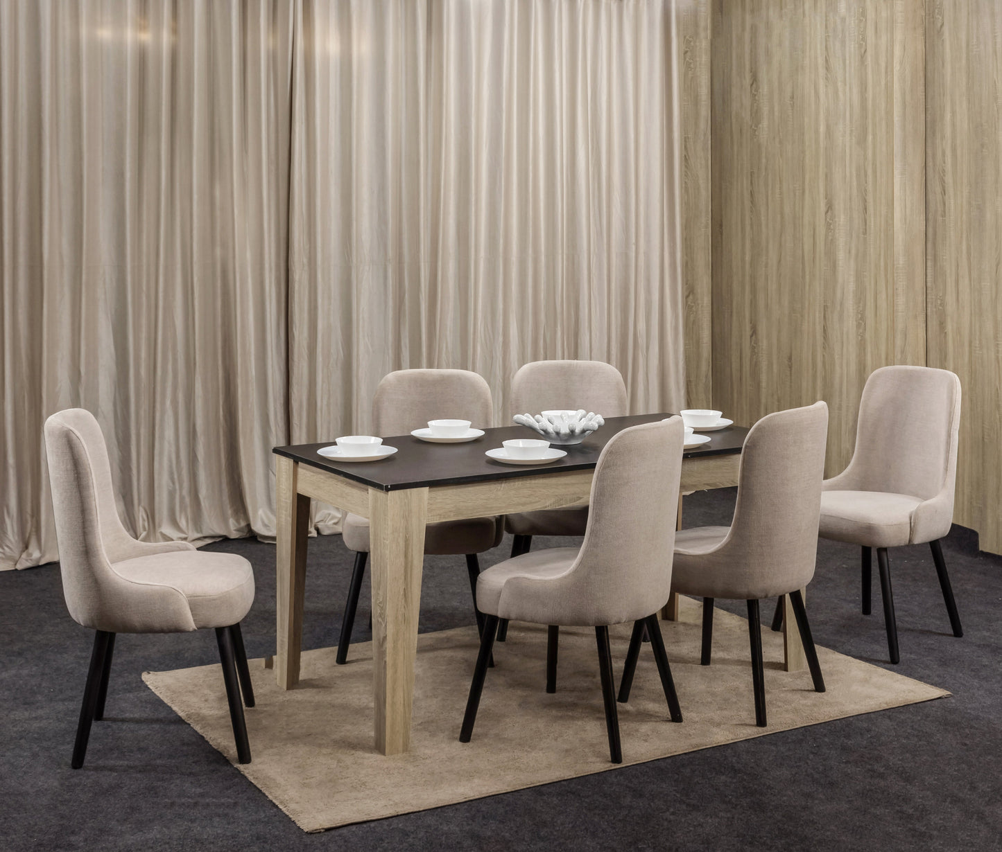 6-Seater Dining Table – Linen Chairs, 160x80cm