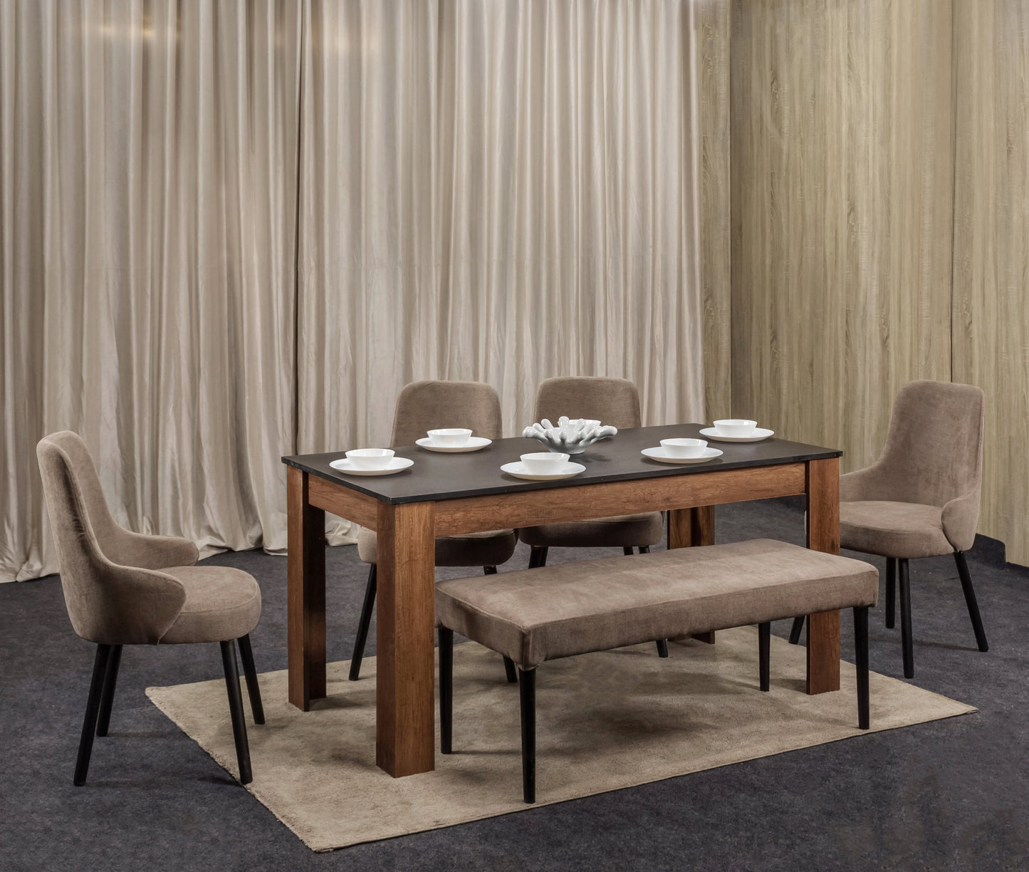 4-Seater Dining Table – Linen Chairs, 160x80cm