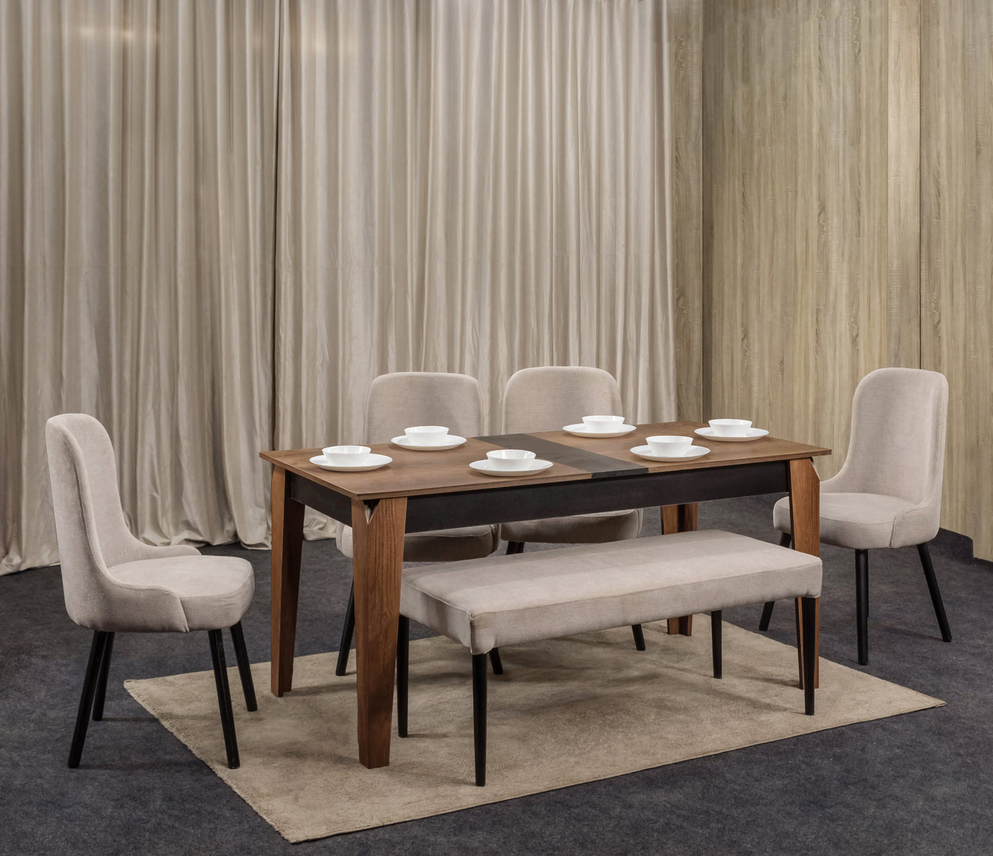 4-Seater Dining Table – Linen Chairs, 160x80cm