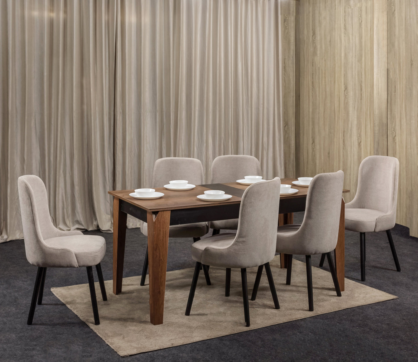 6-Seater Dining Table – Linen Chairs, 160x80cm