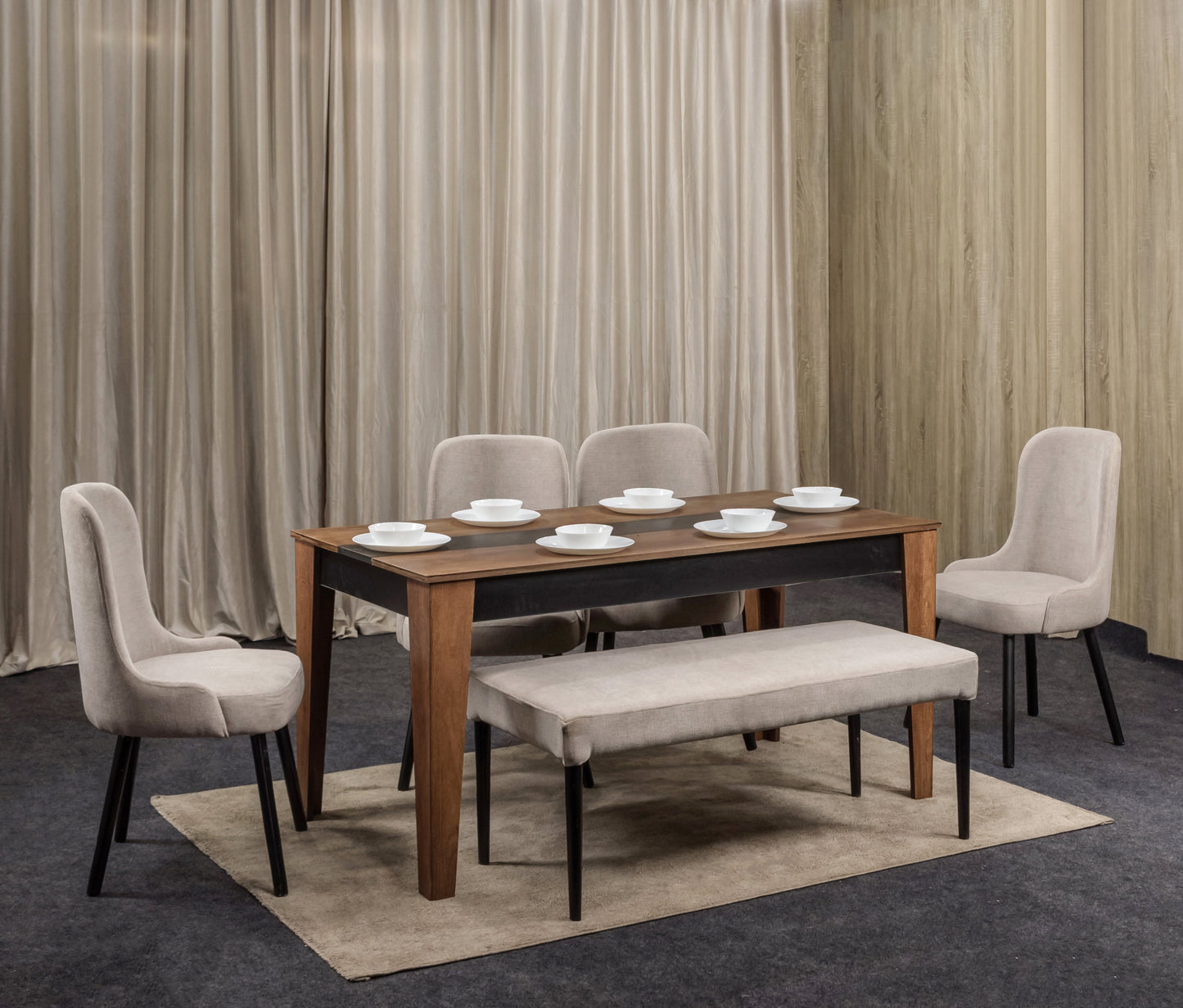 4-Seater Dining Table – Linen Chairs, 160x80cm