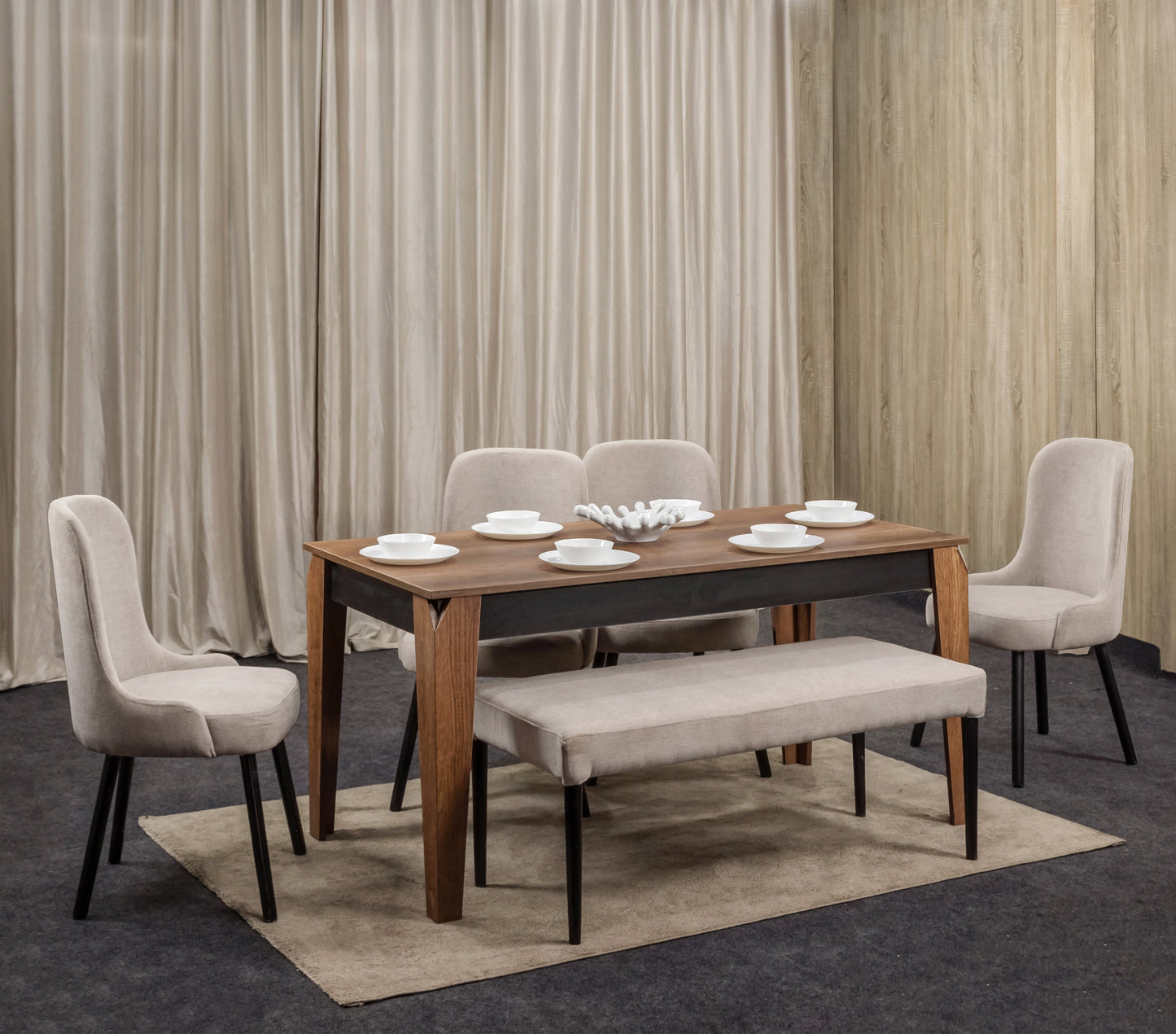4-Seater Dining Table – Linen Chairs, 160x80cm