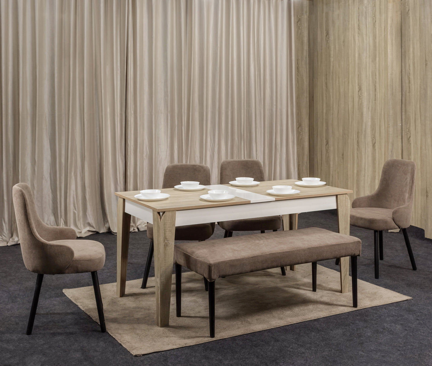 4-Seater Dining Table – Linen Chairs, 160x80cm