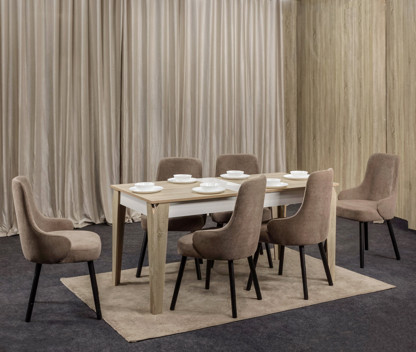 6-Seater Dining Table – Linen Chairs, 160x80cm