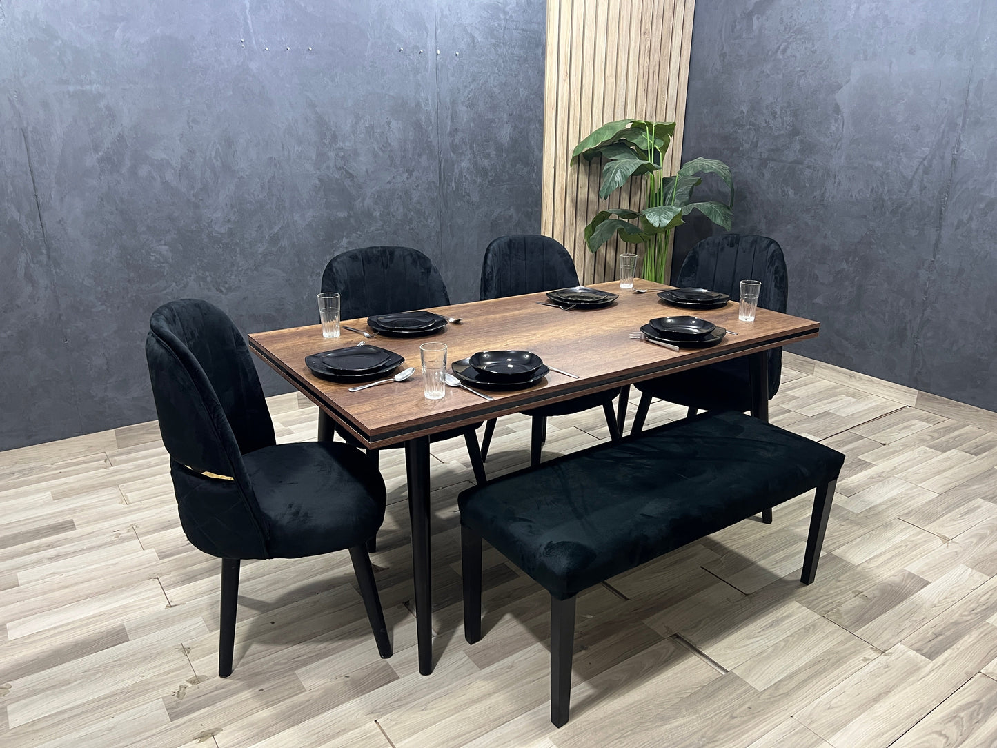 4-Seater Dining Table – Velvet Chairs, 160x80cm