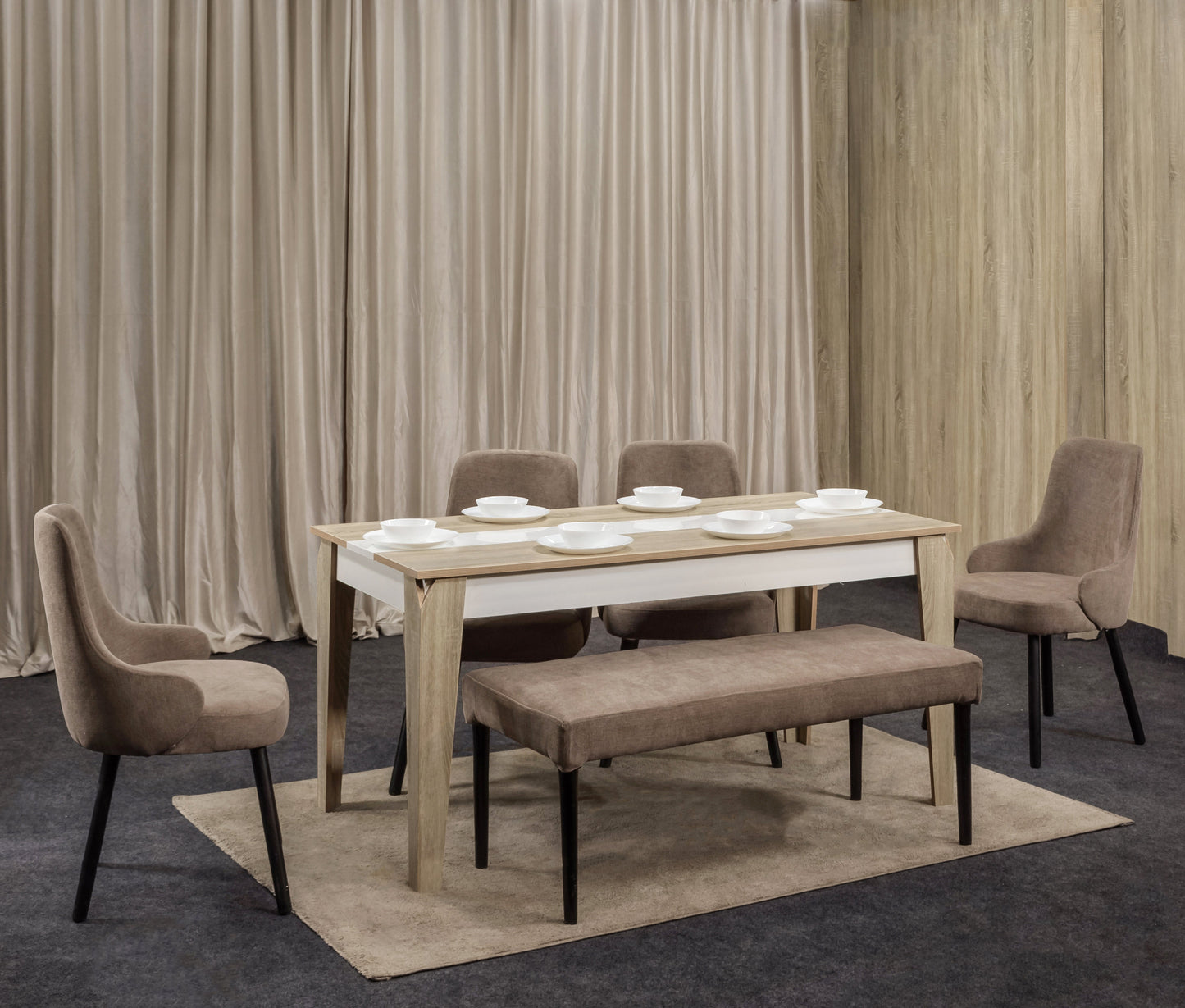 4-Seater Dining Table – Linen Chairs, 160x80cm