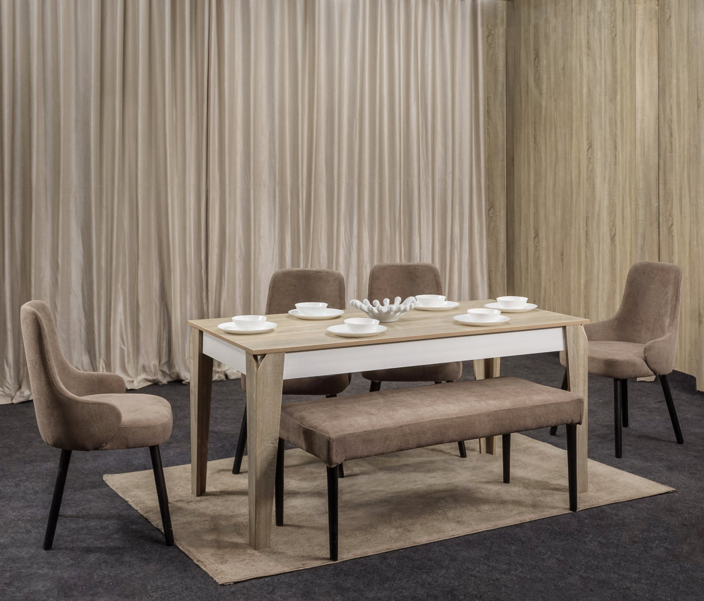 4-Seater Dining Table – Linen Chairs, 160x80cm
