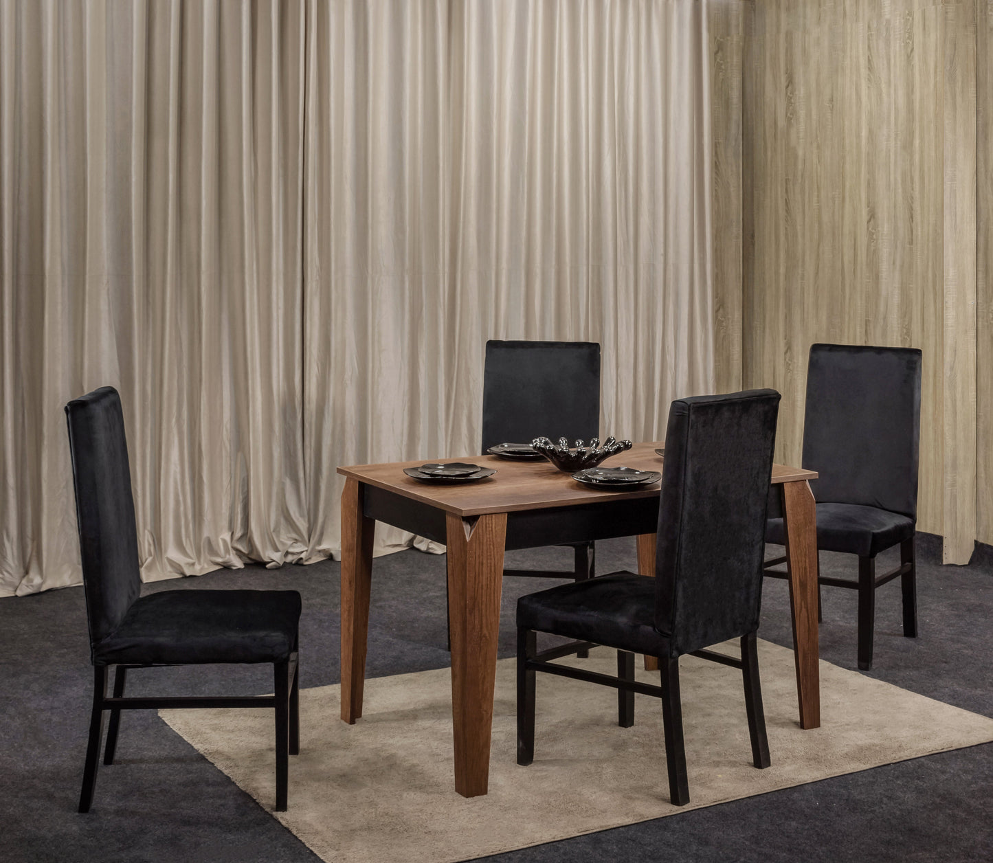 4-Seater Dining Table – Velvet Chairs, 140x80cm