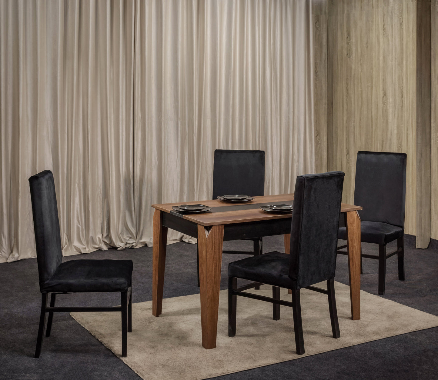 4-Seater Dining Table – Velvet Chairs, 140x80cm