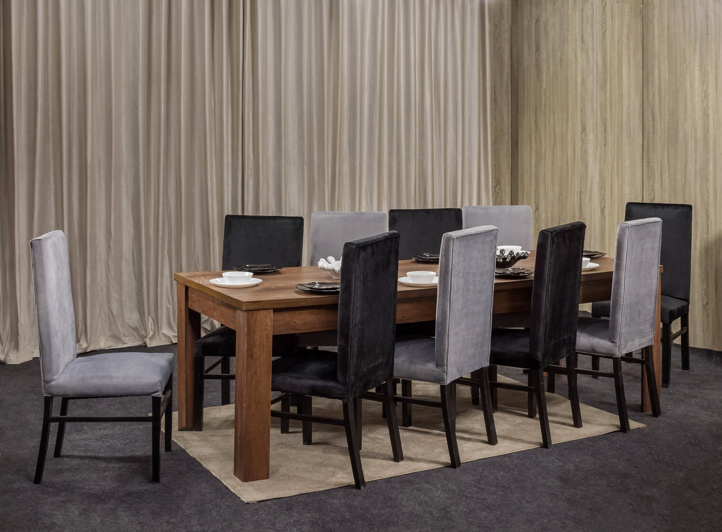 10-Seater Dining Table – Velvet Chairs, 240x100cm