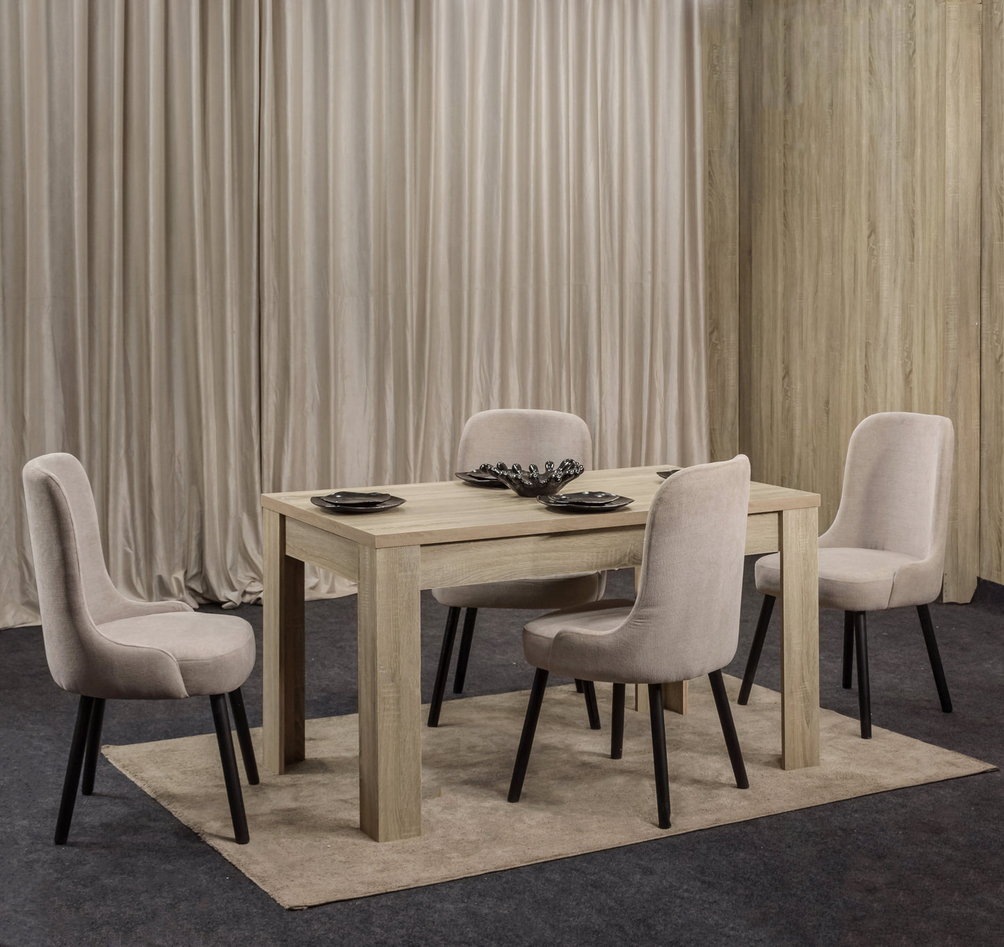 4-Seater Dining Table – Linen Chairs, 160x80cm